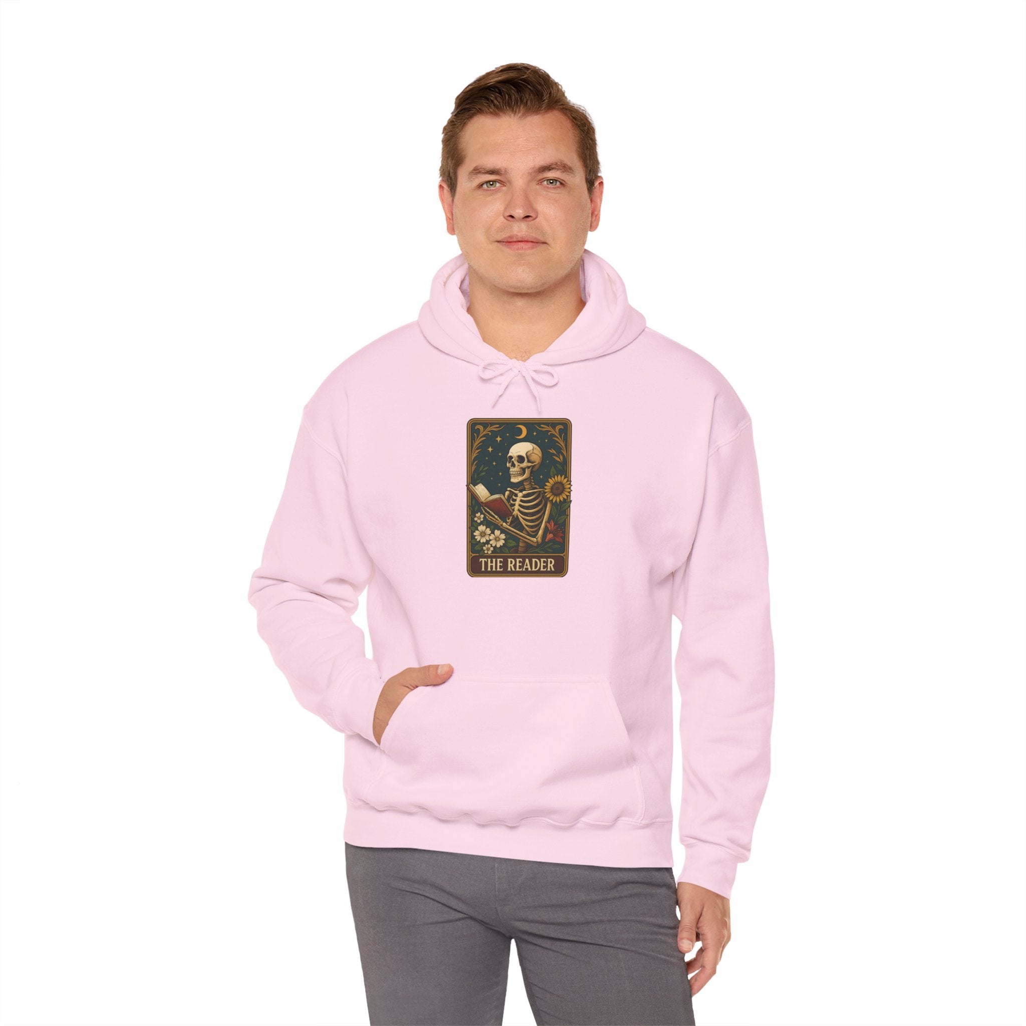 Skeleton Reader Tarot Hooded Sweatshirt - Cozy Gift for Book Lovers, Halloween Pullover, Unisex Sweatshirt, Literary Themed Hoodie