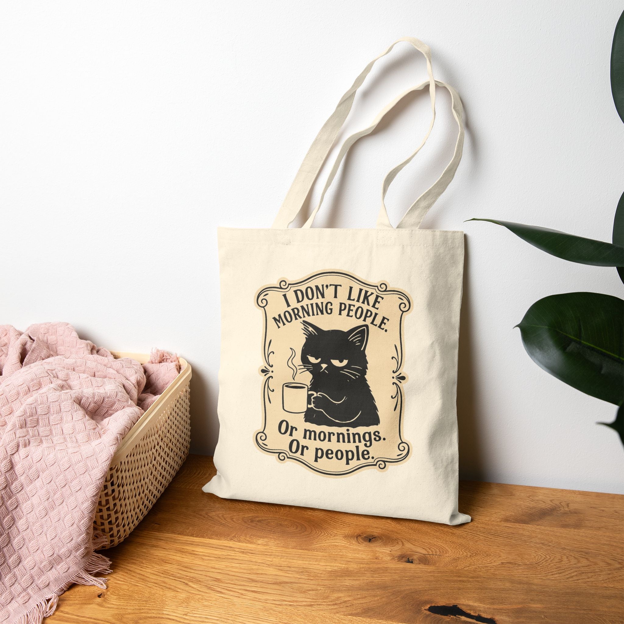 "I Don't Like Morning People" - Funny Cat Tote Bag, Gift for Cat Lovers, Beach Bag, Shopping Bag, Eco-Friendly Reusable Tote