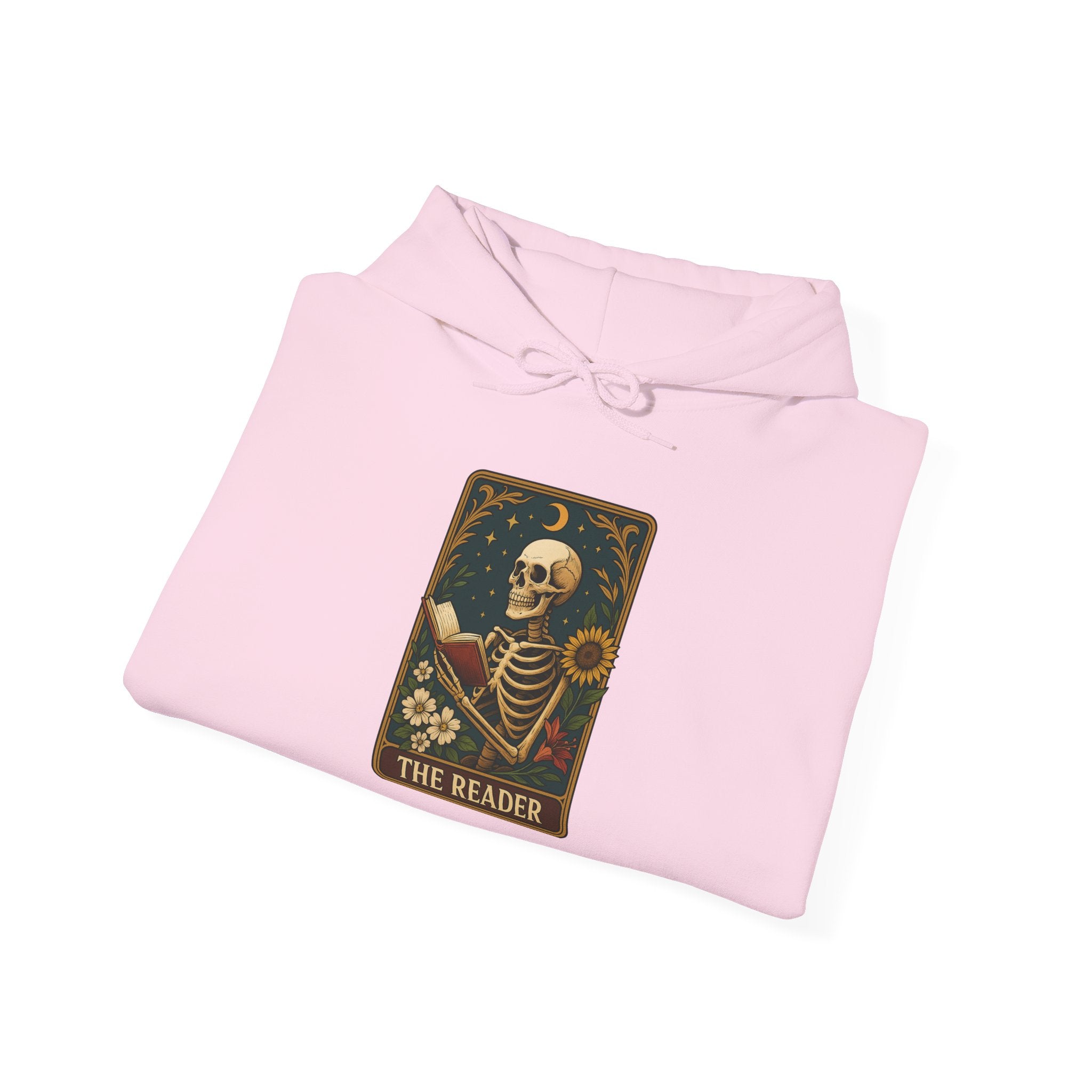 Skeleton Reader Tarot Hooded Sweatshirt - Cozy Gift for Book Lovers, Halloween Pullover, Unisex Sweatshirt, Literary Themed Hoodie