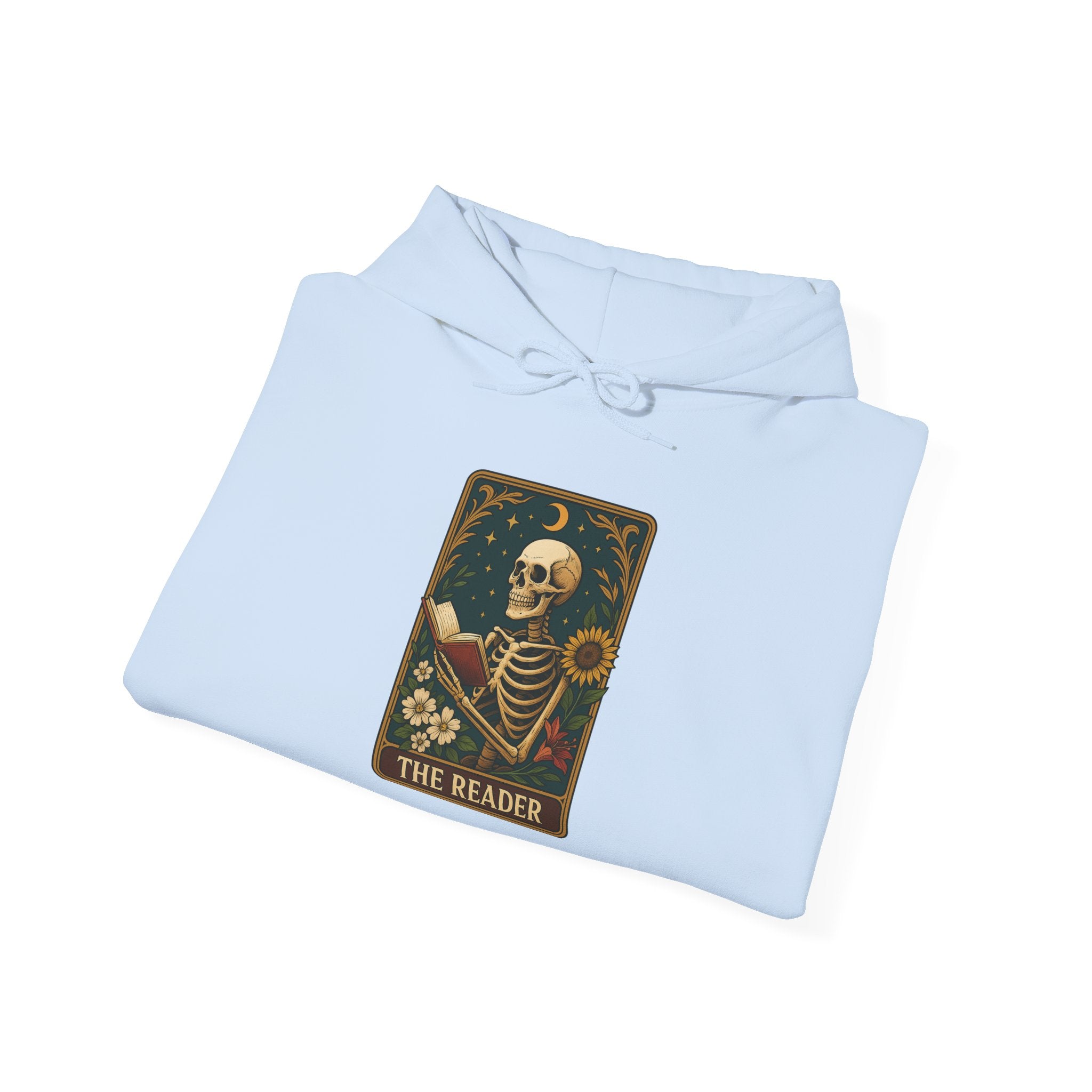 Skeleton Reader Tarot Hooded Sweatshirt - Cozy Gift for Book Lovers, Halloween Pullover, Unisex Sweatshirt, Literary Themed Hoodie