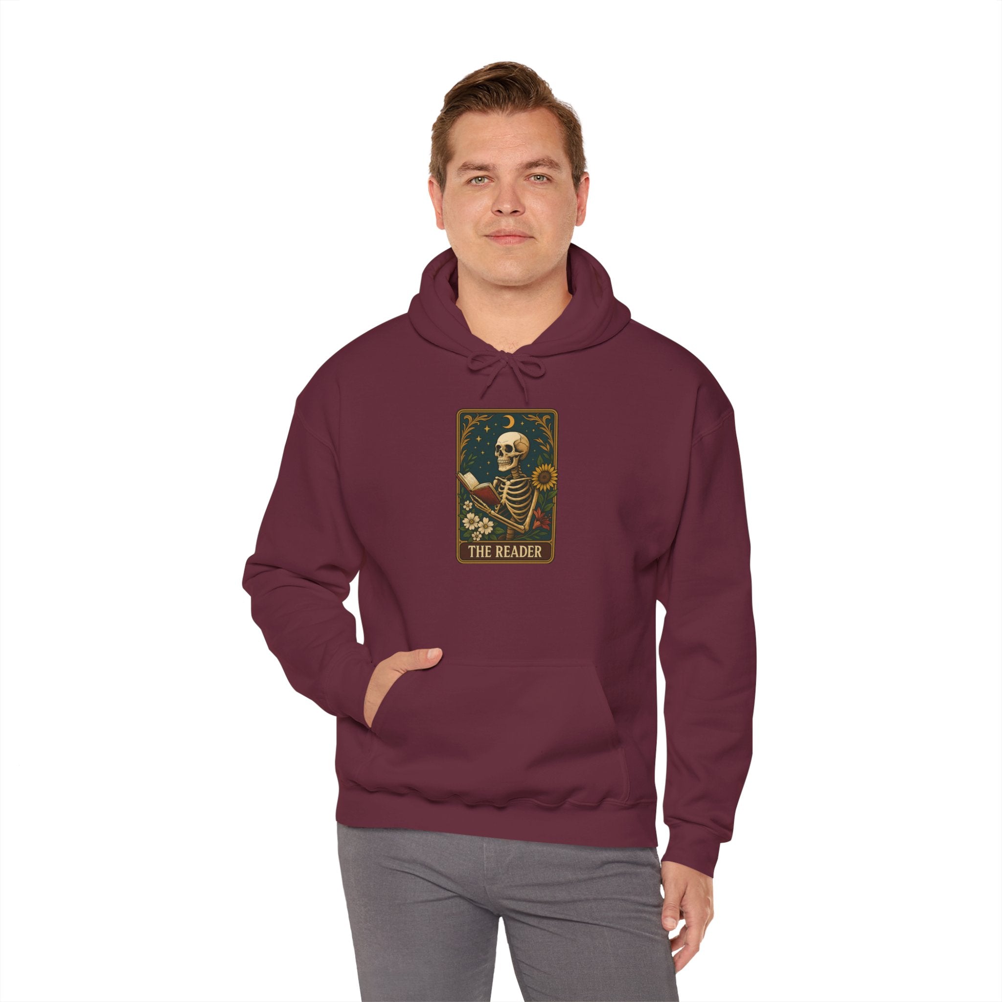 Skeleton Reader Tarot Hooded Sweatshirt - Cozy Gift for Book Lovers, Halloween Pullover, Unisex Sweatshirt, Literary Themed Hoodie