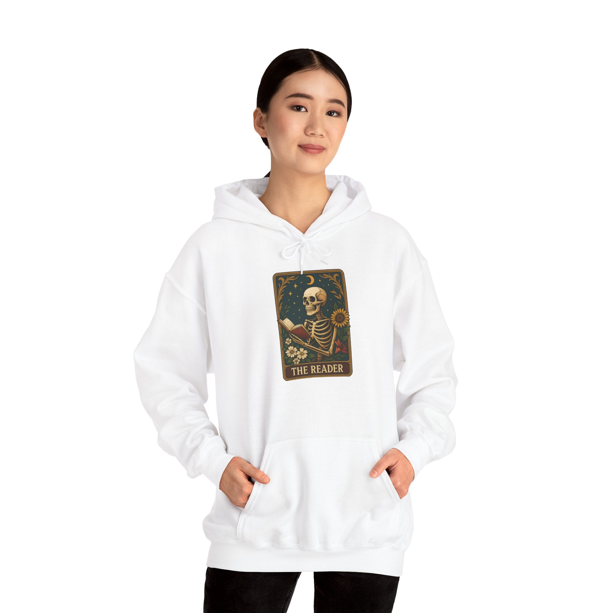 Skeleton Reader Tarot Hooded Sweatshirt - Cozy Gift for Book Lovers, Halloween Pullover, Unisex Sweatshirt, Literary Themed Hoodie