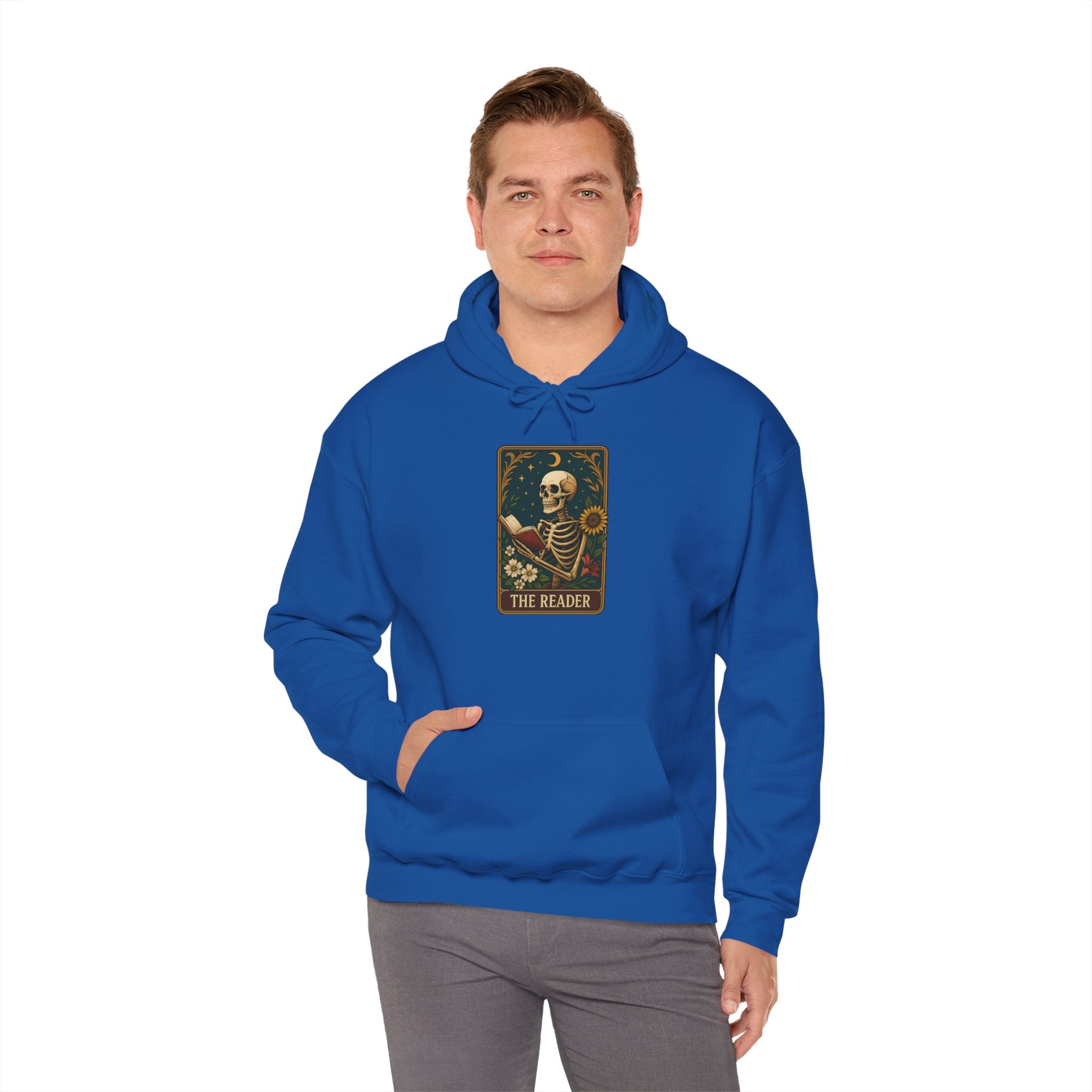 Skeleton Reader Tarot Hooded Sweatshirt - Cozy Gift for Book Lovers, Halloween Pullover, Unisex Sweatshirt, Literary Themed Hoodie