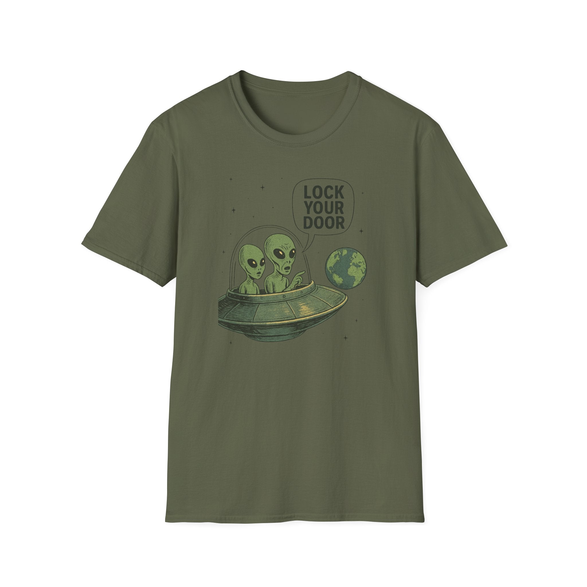 Funny Alien Lock Your Door Tee, UFO Fan Gift, Unisex Casual Wear, Science Fiction Tee, Quirky Graphic Shirt, Humor Apparel