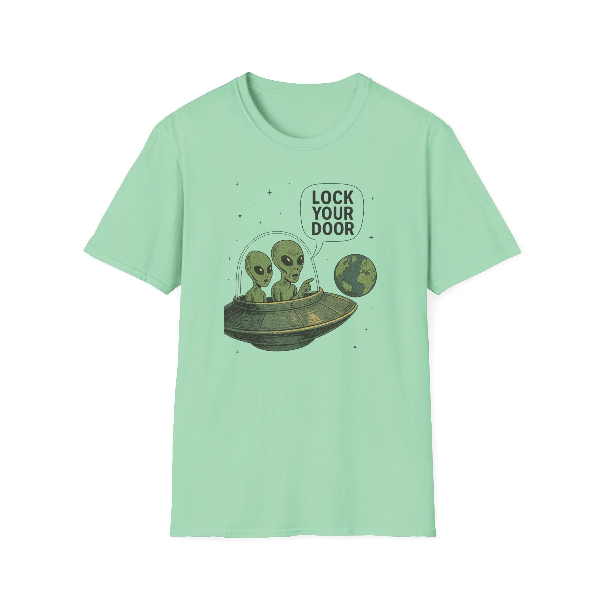 Funny Alien Lock Your Door Tee, UFO Fan Gift, Unisex Casual Wear, Science Fiction Tee, Quirky Graphic Shirt, Humor Apparel