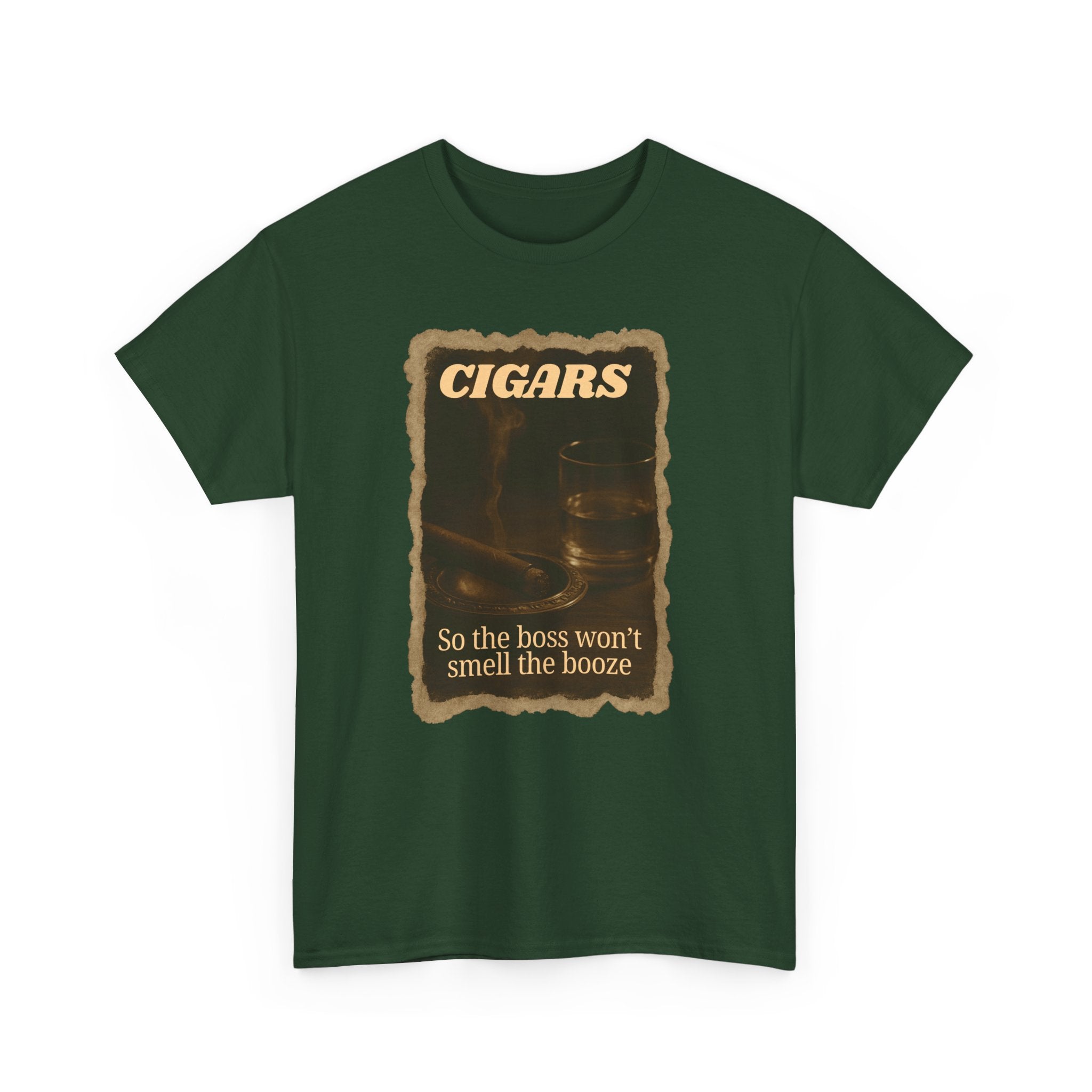 Vintage Cigar so Boss won't Smell the Booze Unisex Heavy Cotton T-shirt, Funny T-Shirt, Casual Wear, Perfect for Parties and Celebrations