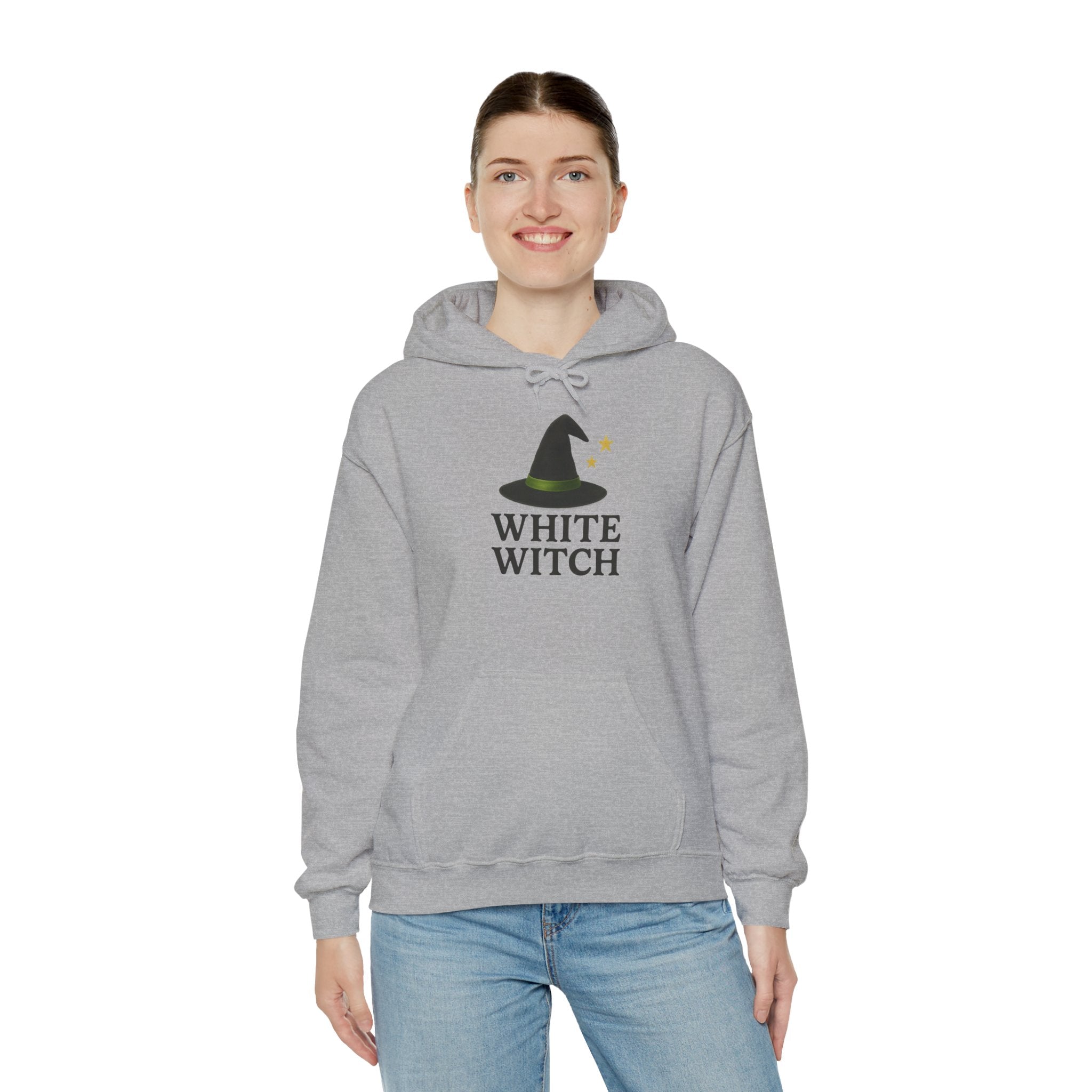 White Witch Hooded Sweatshirt, Cozy Halloween Apparel, Witchcraft Sweatshirt, Gift for Wiccans, Unisex Autumn Hoodie