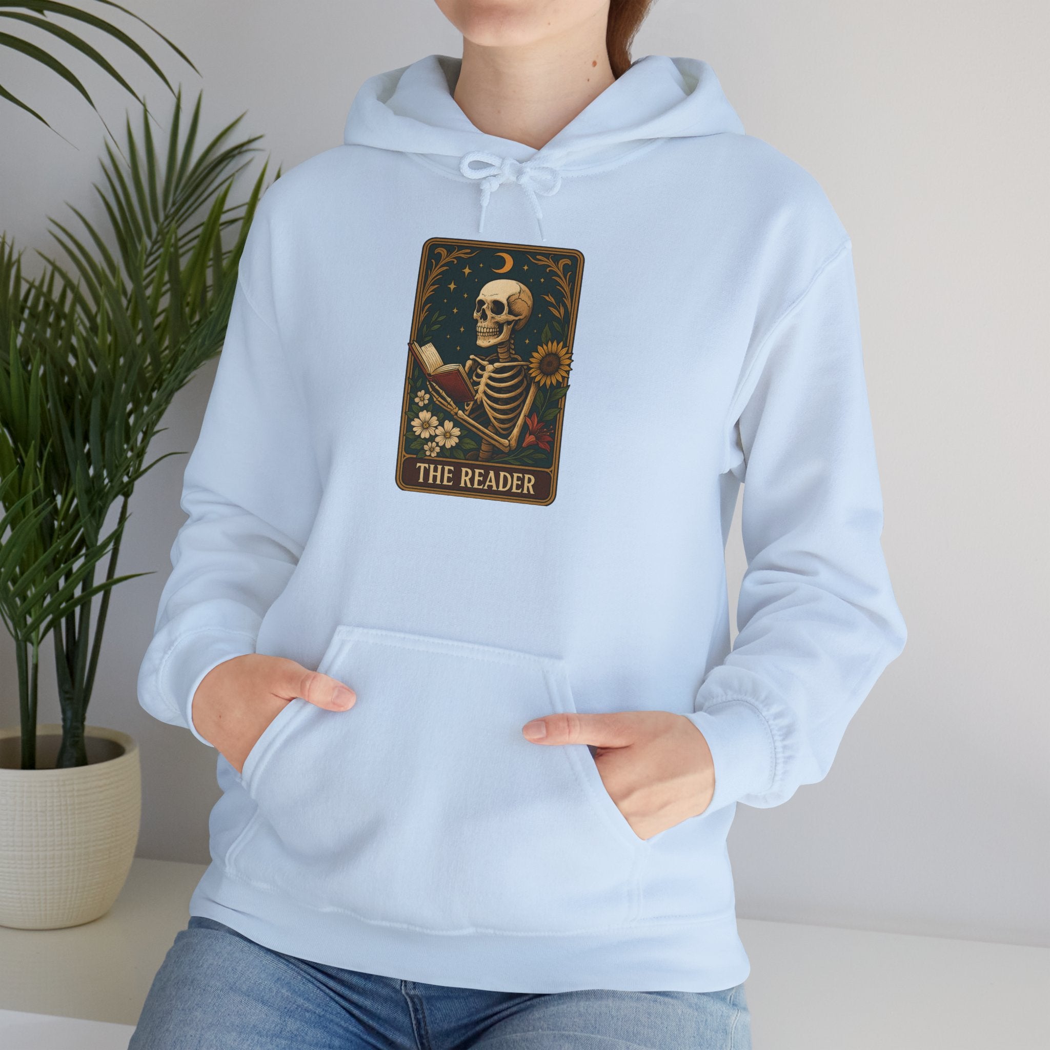 Skeleton Reader Tarot Hooded Sweatshirt - Cozy Gift for Book Lovers, Halloween Pullover, Unisex Sweatshirt, Literary Themed Hoodie