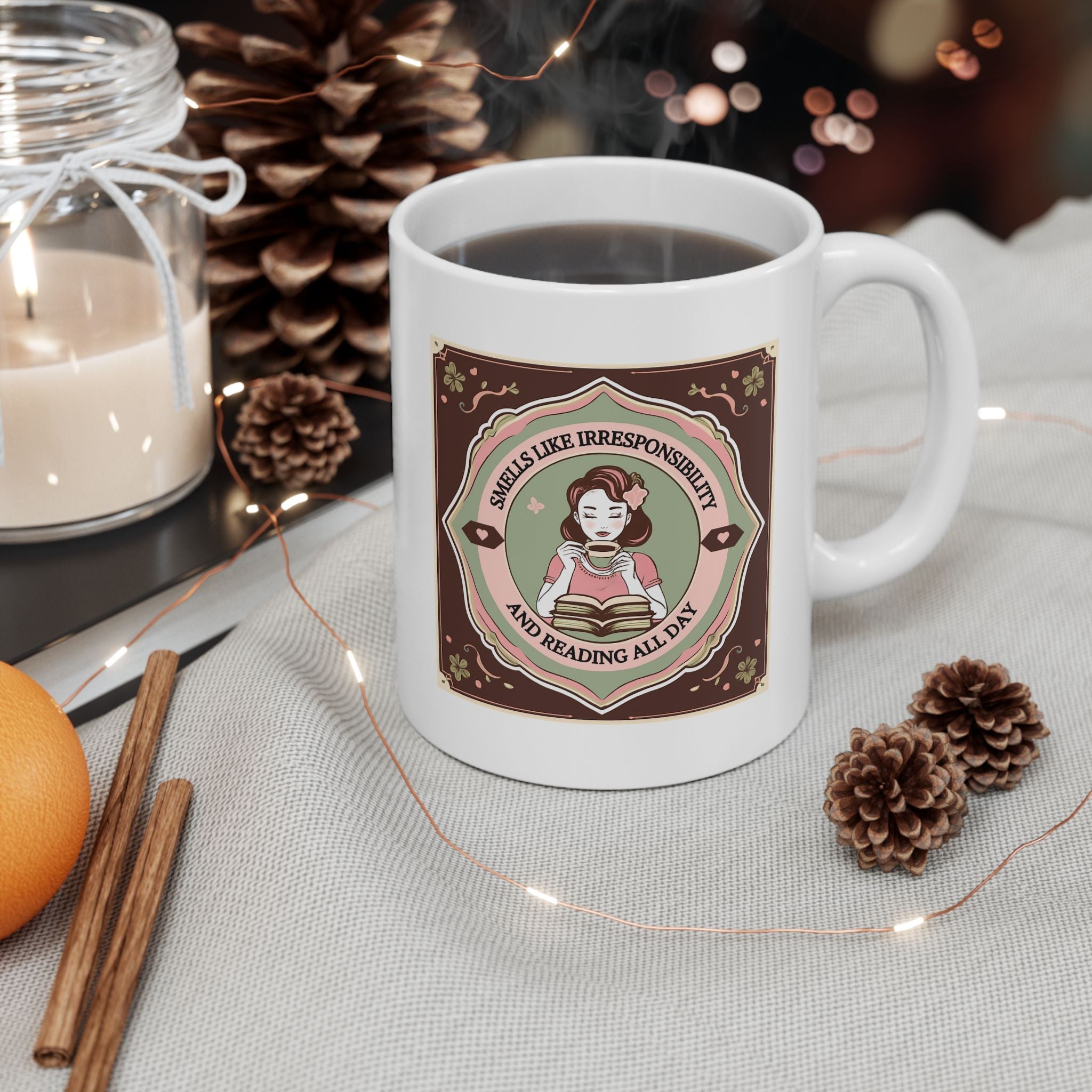 Vintage-Inspired "Smells Like Irresponsibility and Reading" Ceramic Mug, Cozy Coffee Cup, Gift for Tea Lovers, Boho Home Decor, Brown | Pink Floral Design