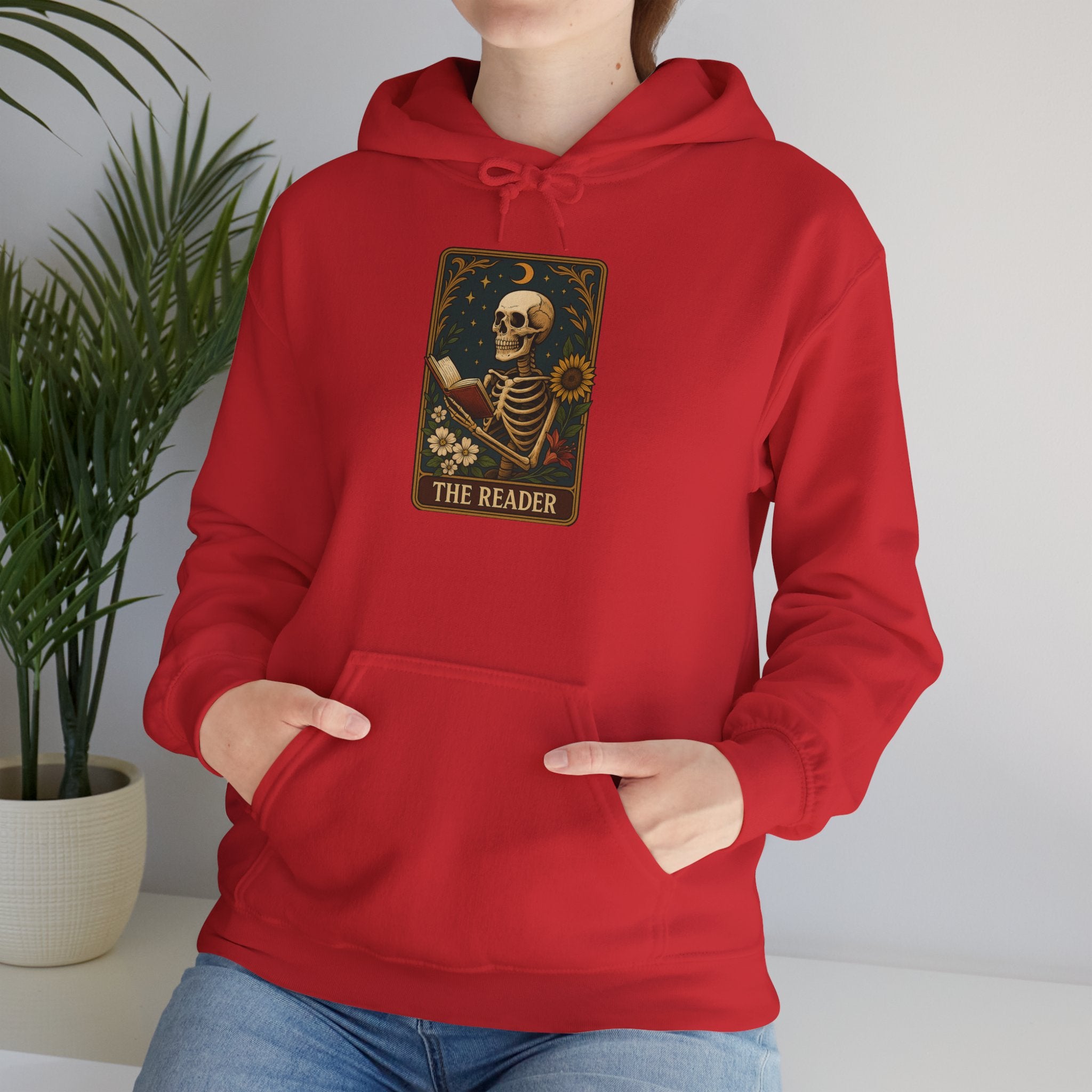 Skeleton Reader Tarot Hooded Sweatshirt - Cozy Gift for Book Lovers, Halloween Pullover, Unisex Sweatshirt, Literary Themed Hoodie