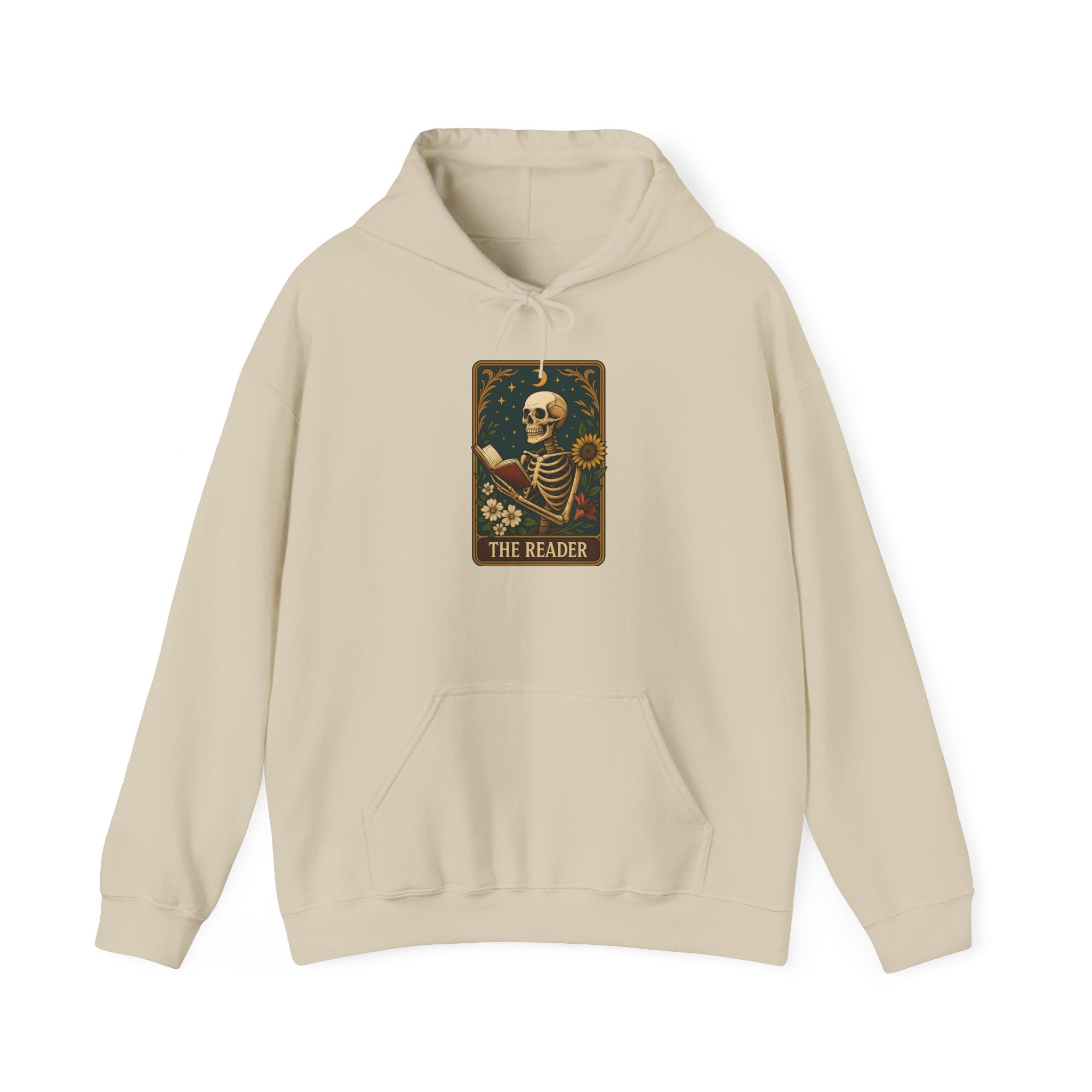 Skeleton Reader Tarot Hooded Sweatshirt - Cozy Gift for Book Lovers, Halloween Pullover, Unisex Sweatshirt, Literary Themed Hoodie