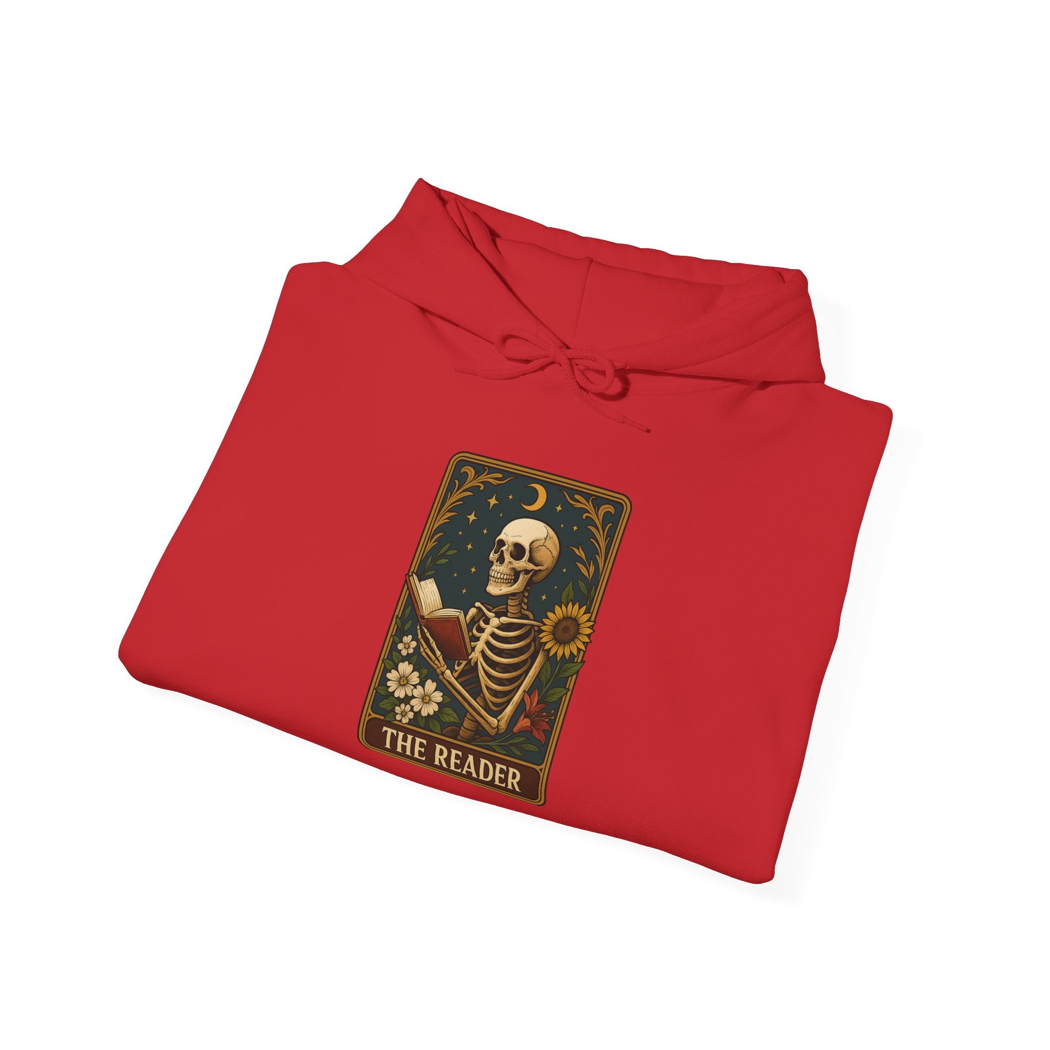 Skeleton Reader Tarot Hooded Sweatshirt - Cozy Gift for Book Lovers, Halloween Pullover, Unisex Sweatshirt, Literary Themed Hoodie