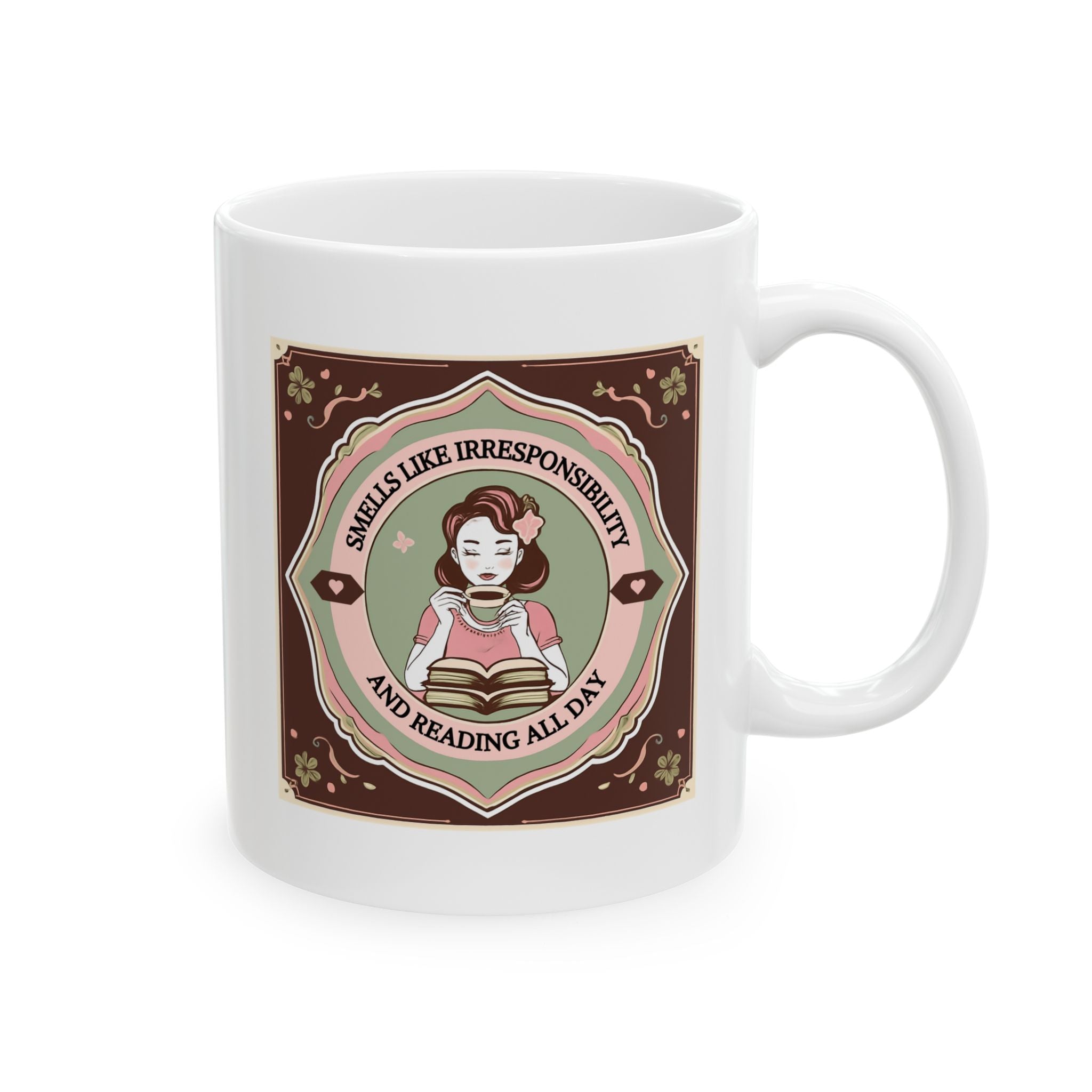 Vintage-Inspired "Smells Like Irresponsibility and Reading" Ceramic Mug, Cozy Coffee Cup, Gift for Tea Lovers, Boho Home Decor, Brown | Pink Floral Design