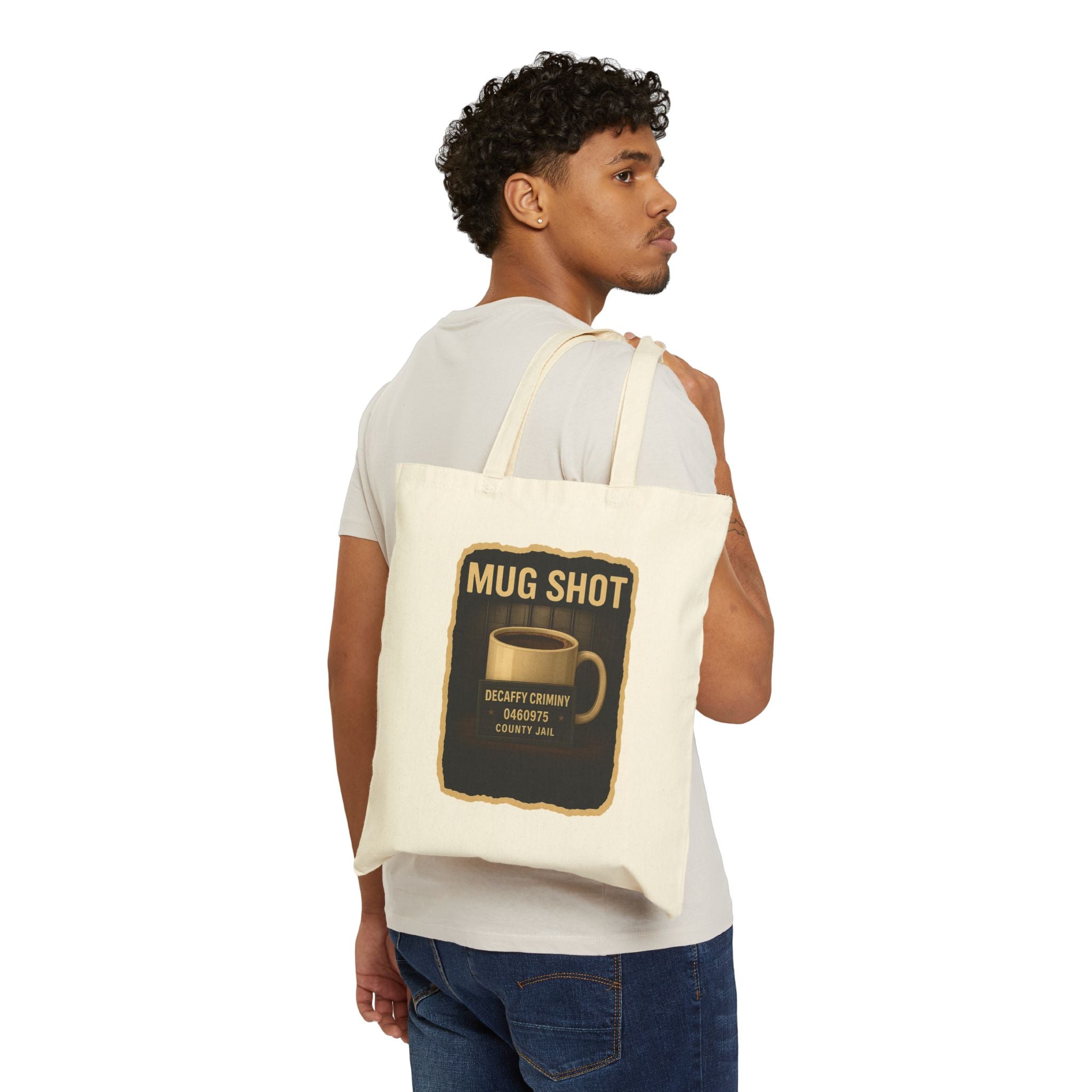Mug Shot Cotton Canvas Tote Bag, Funny Coffee Lover Gift, Reusable Grocery Bag, Eco-Friendly Tote, Coffee-Themed Shopping Bag