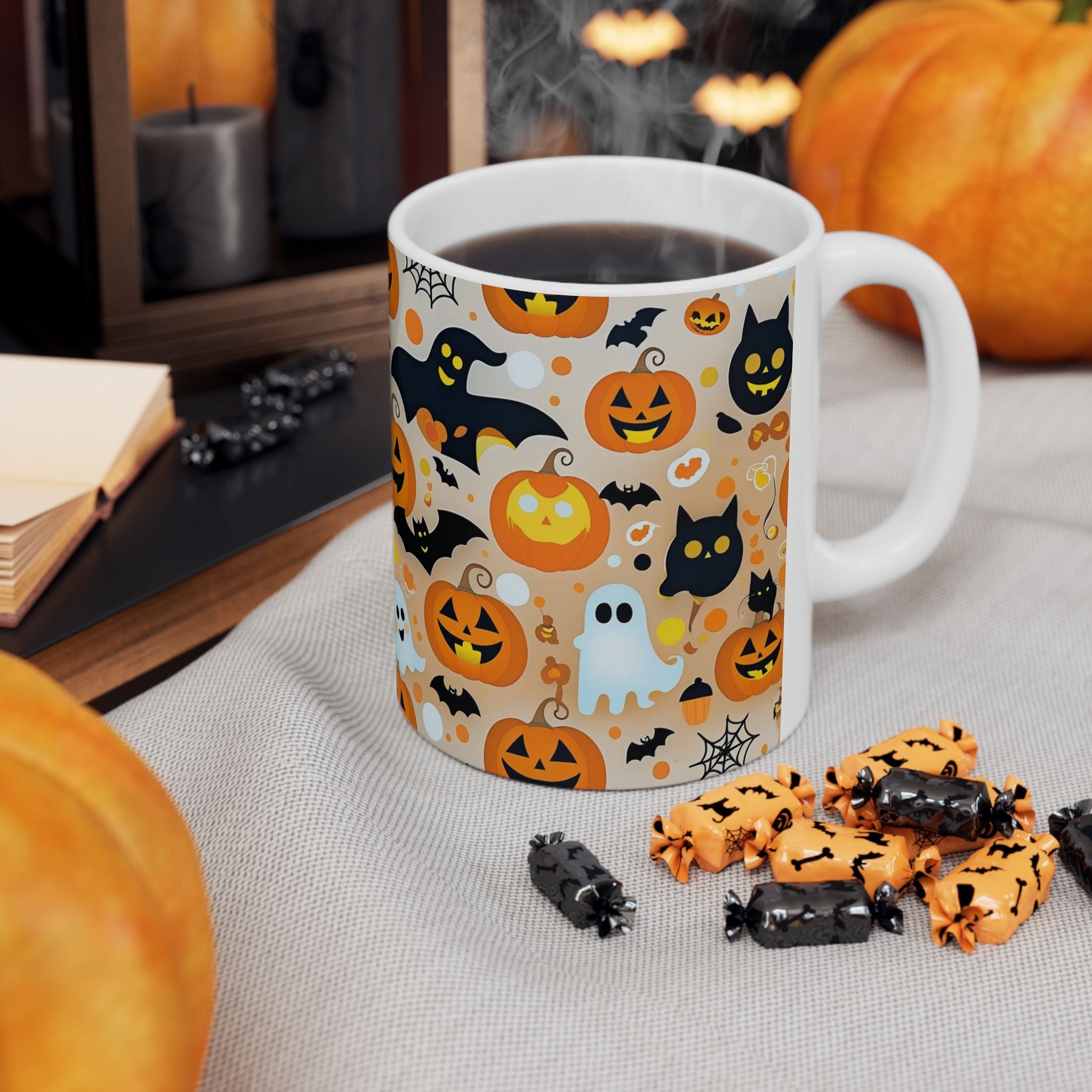 Spooky Halloween Ceramic Mug, Cute Pumpkin Ghosts Coffee Cup, Halloween Decor, Trick or Treat Mug, Fall Celebration Drinkware