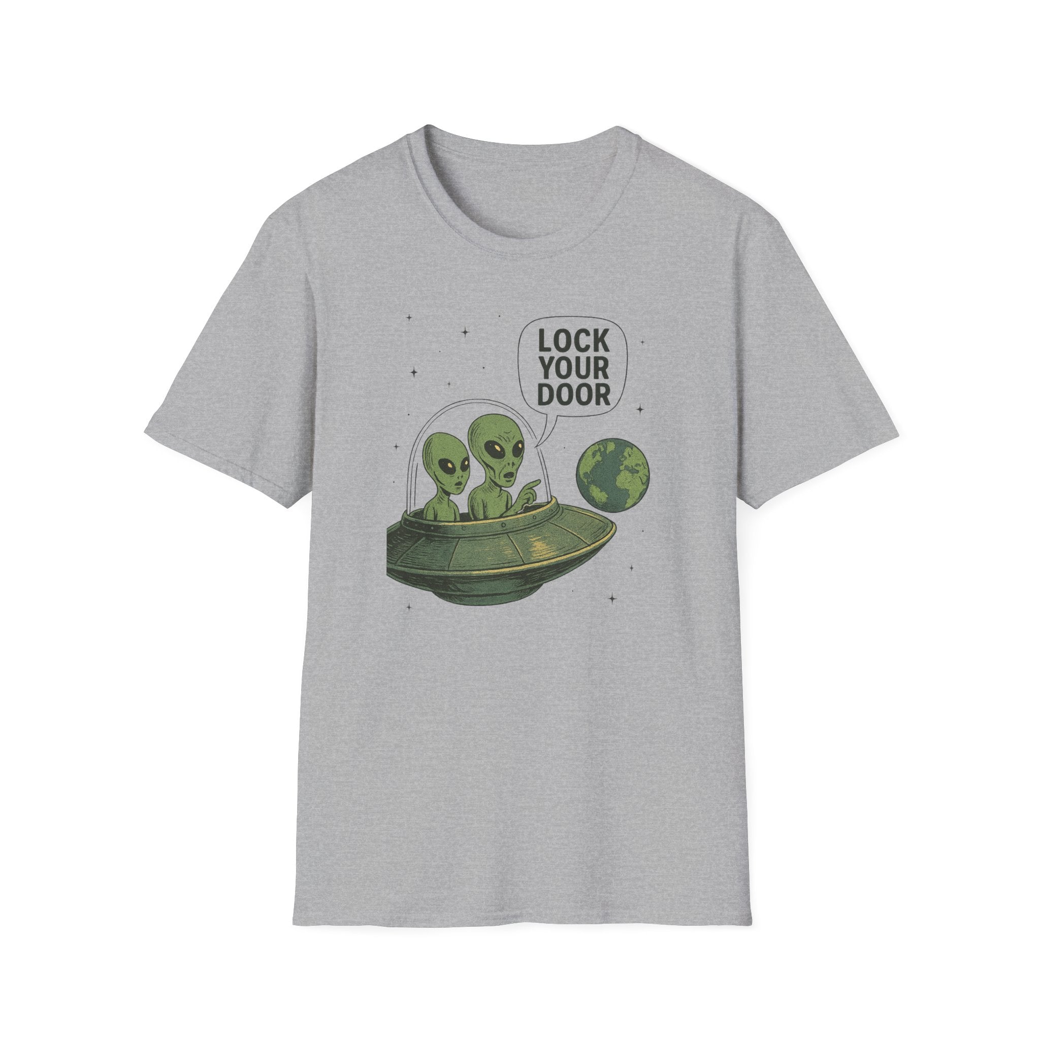 Funny Alien Lock Your Door Tee, UFO Fan Gift, Unisex Casual Wear, Science Fiction Tee, Quirky Graphic Shirt, Humor Apparel