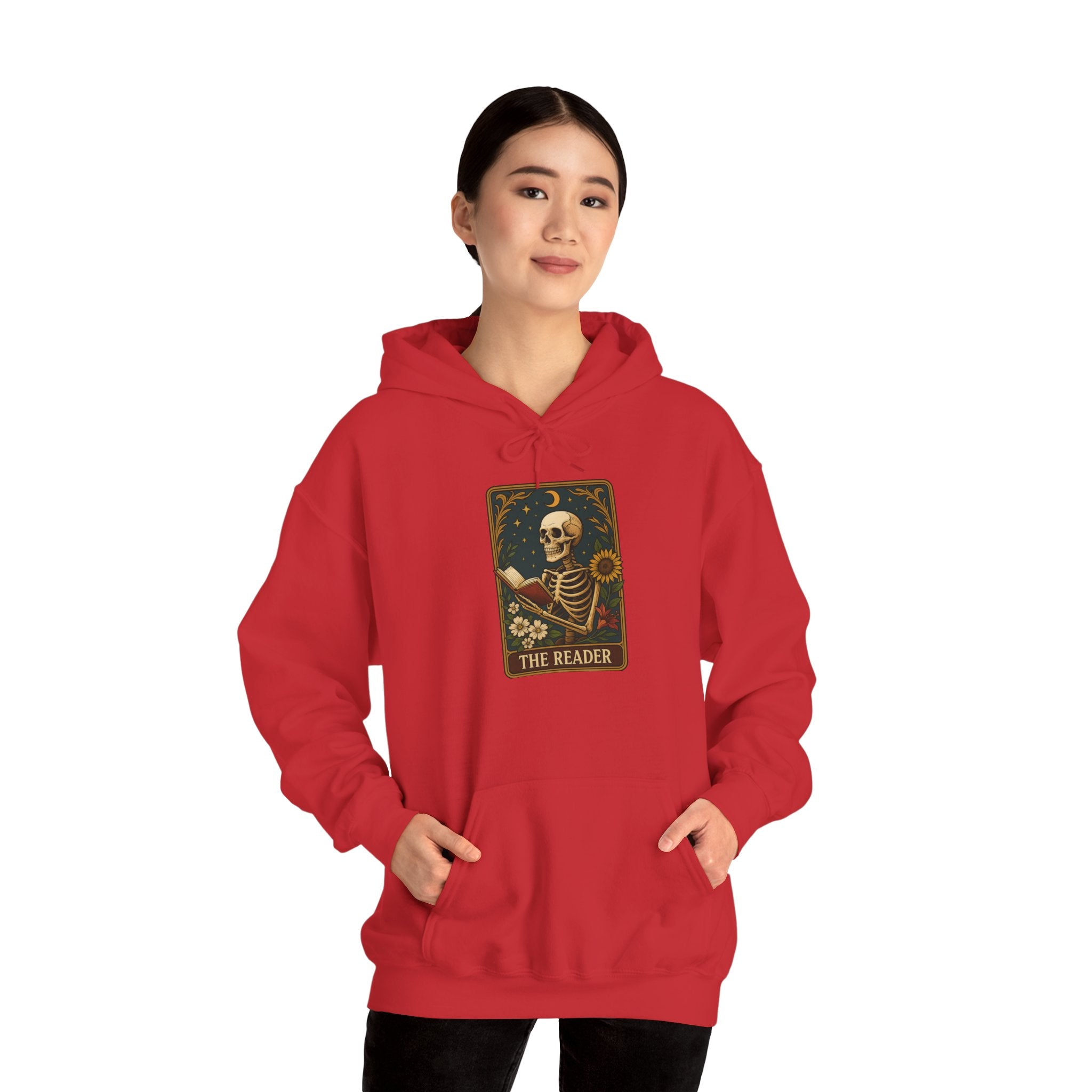 Skeleton Reader Tarot Hooded Sweatshirt - Cozy Gift for Book Lovers, Halloween Pullover, Unisex Sweatshirt, Literary Themed Hoodie
