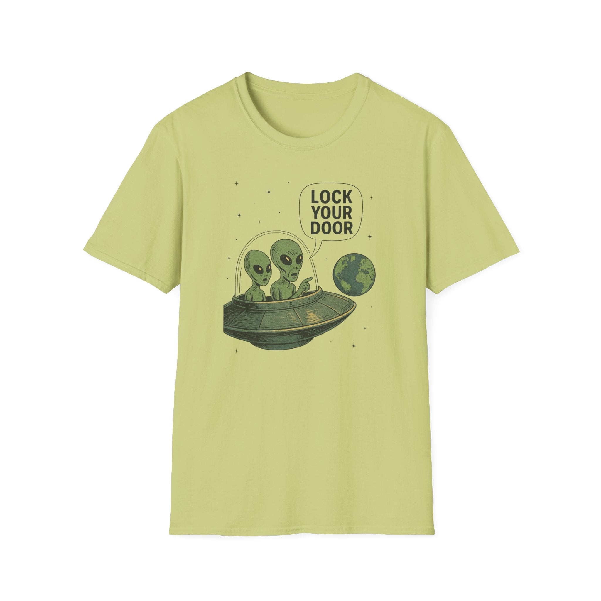Funny Alien Lock Your Door Tee, UFO Fan Gift, Unisex Casual Wear, Science Fiction Tee, Quirky Graphic Shirt, Humor Apparel