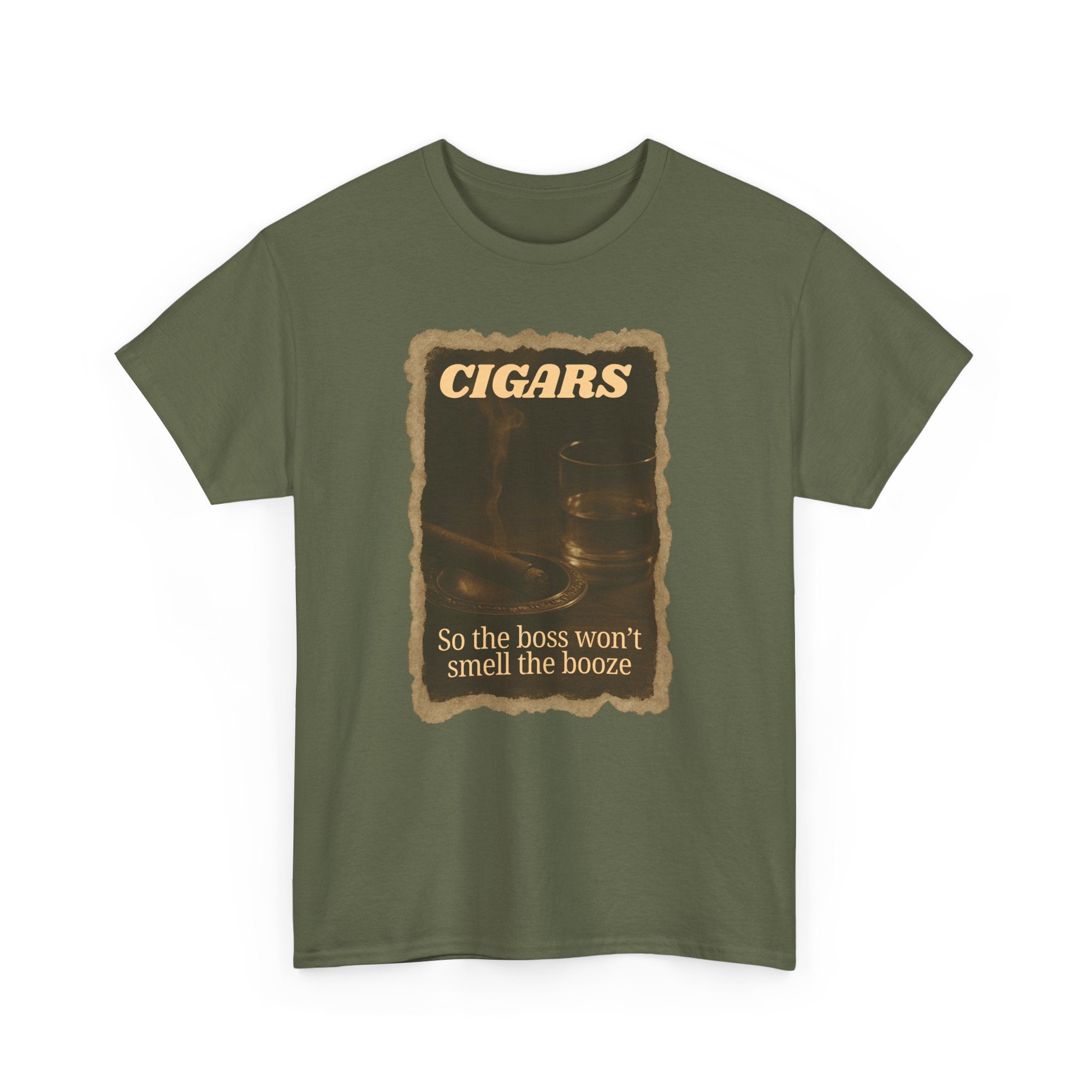 Vintage Cigar so Boss won't Smell the Booze Unisex Heavy Cotton T-shirt, Funny T-Shirt, Casual Wear, Perfect for Parties and Celebrations