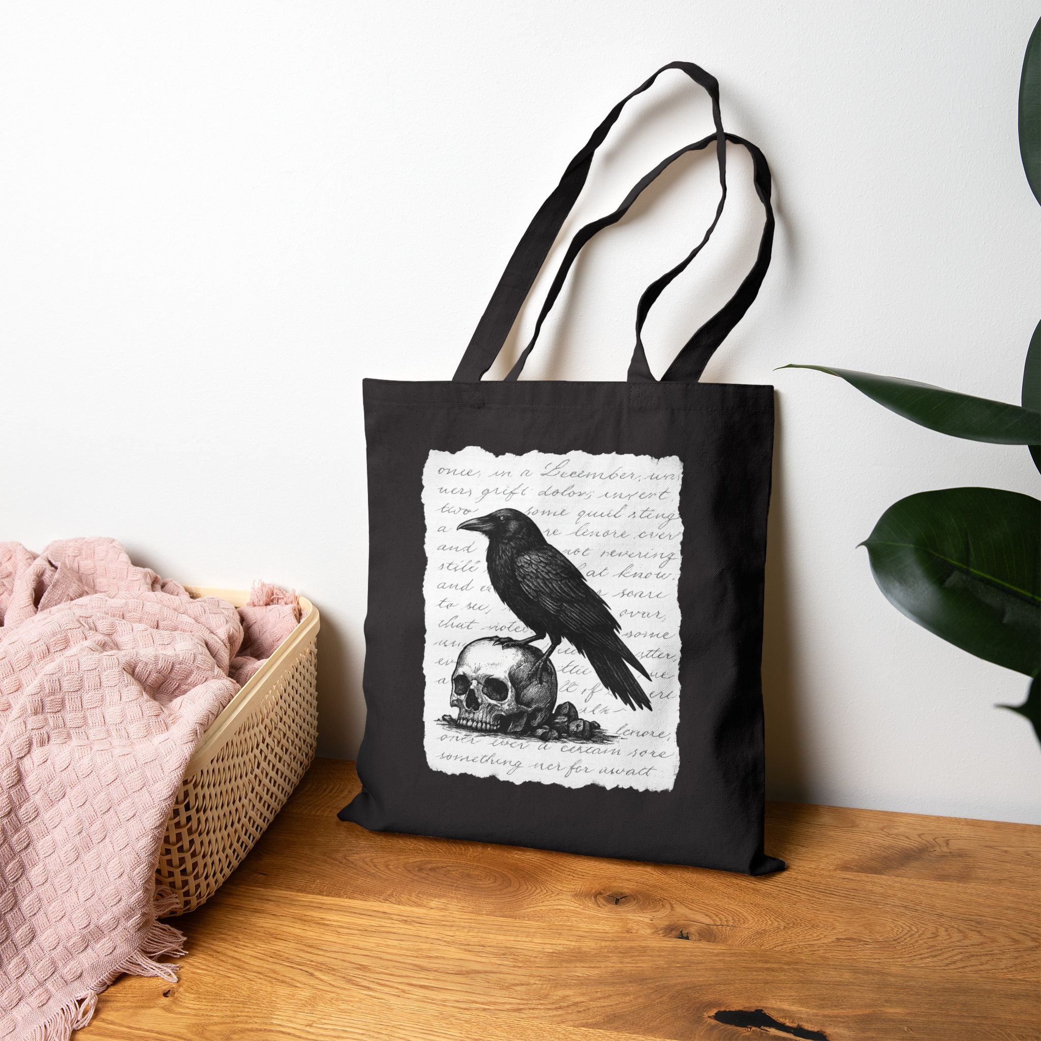Gothic Raven Tote Bag, Stylish Eco-Friendly Shopping Bag, Halloween Gift, Boho Chic, Skull Design