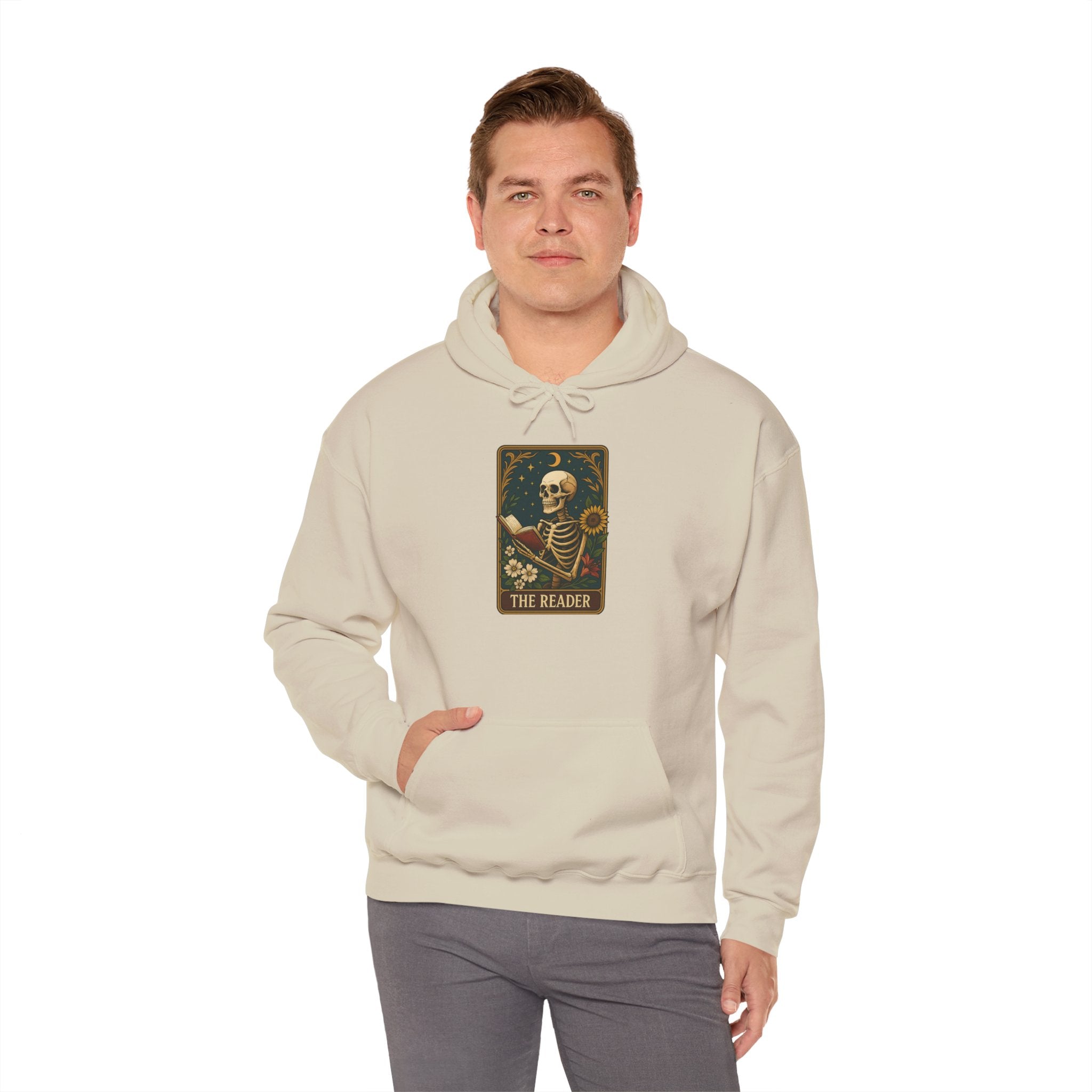 Skeleton Reader Tarot Hooded Sweatshirt - Cozy Gift for Book Lovers, Halloween Pullover, Unisex Sweatshirt, Literary Themed Hoodie