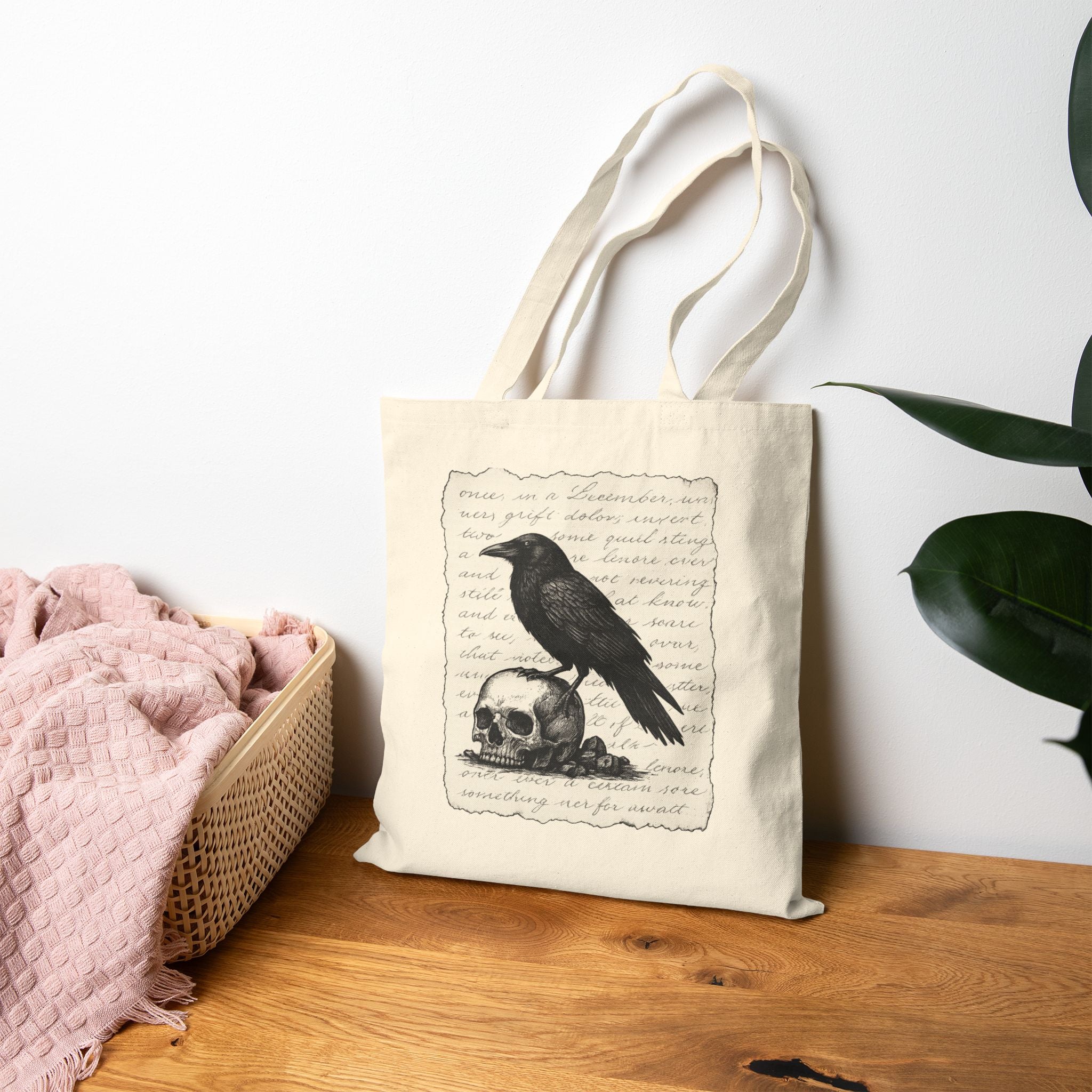 Gothic Raven Tote Bag, Stylish Eco-Friendly Shopping Bag, Halloween Gift, Boho Chic, Skull Design