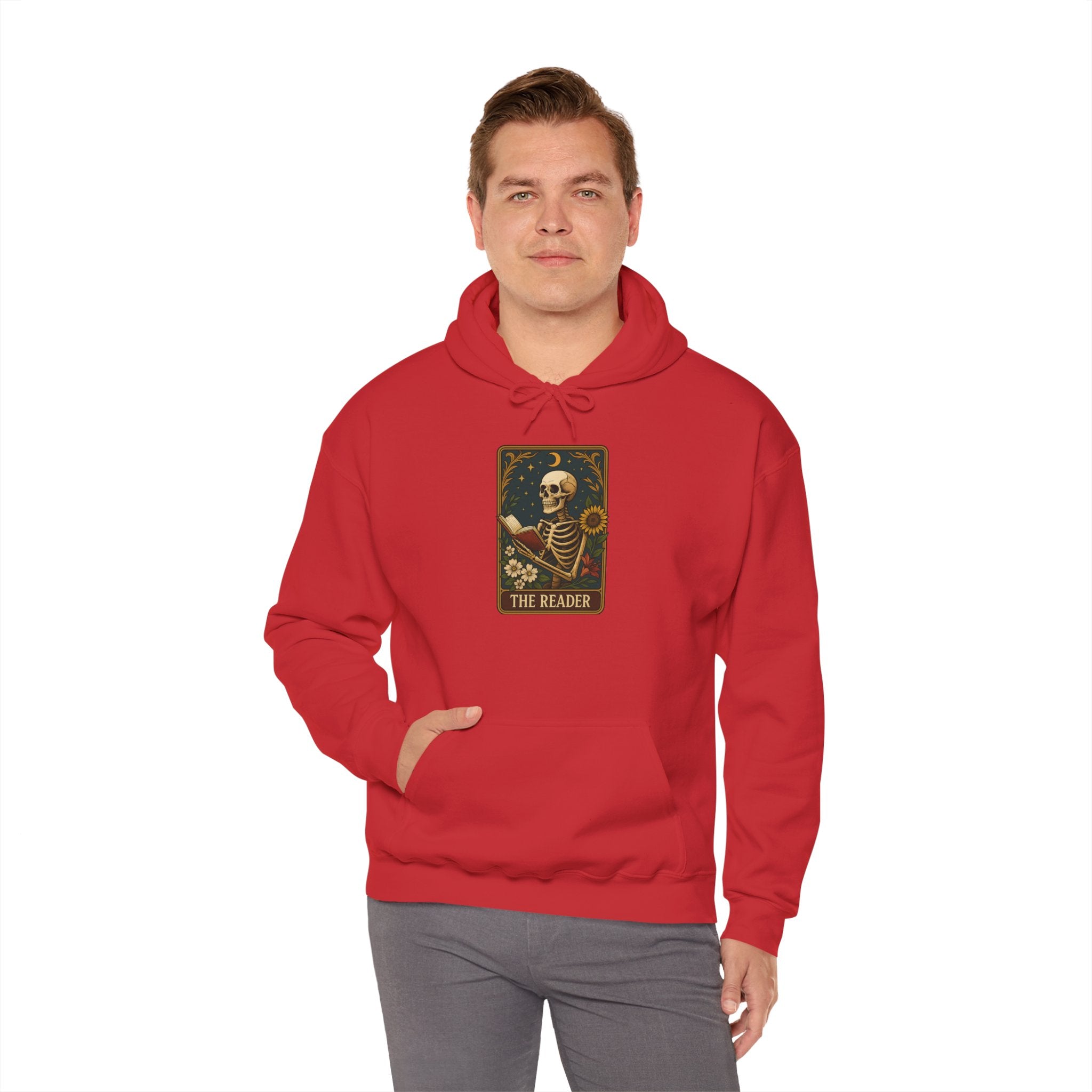 Skeleton Reader Tarot Hooded Sweatshirt - Cozy Gift for Book Lovers, Halloween Pullover, Unisex Sweatshirt, Literary Themed Hoodie