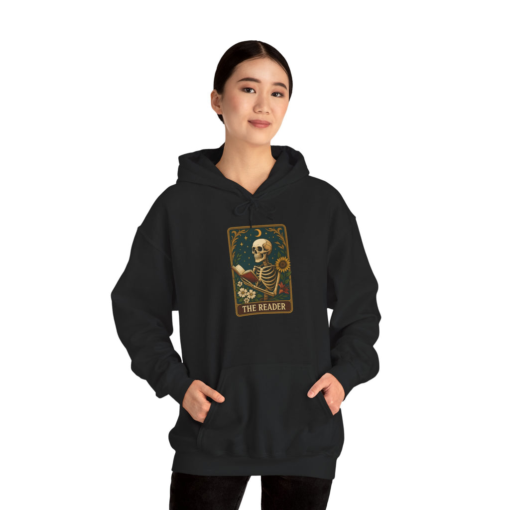 Skeleton Reader Tarot Hooded Sweatshirt - Cozy Gift for Book Lovers, Halloween Pullover, Unisex Sweatshirt, Literary Themed Hoodie