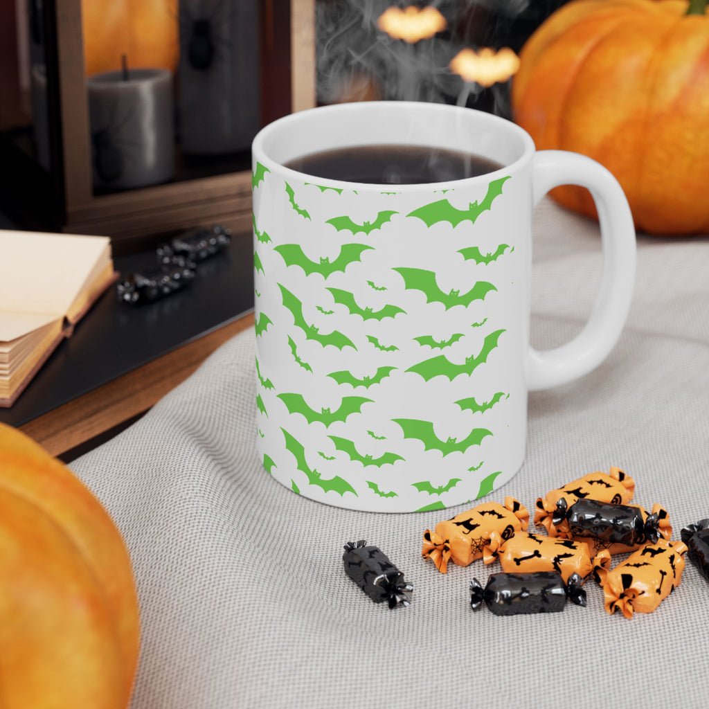 Spooky Green Bat Ceramic Mug for Halloween, Fun Coffee Cup, Halloween Decor, Gift for Bat Lovers, Bat-Themed Drinkware