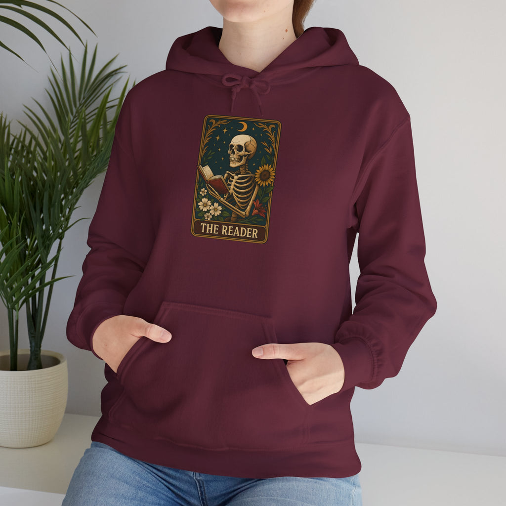 Skeleton Reader Tarot Hooded Sweatshirt - Cozy Gift for Book Lovers, Halloween Pullover, Unisex Sweatshirt, Literary Themed Hoodie