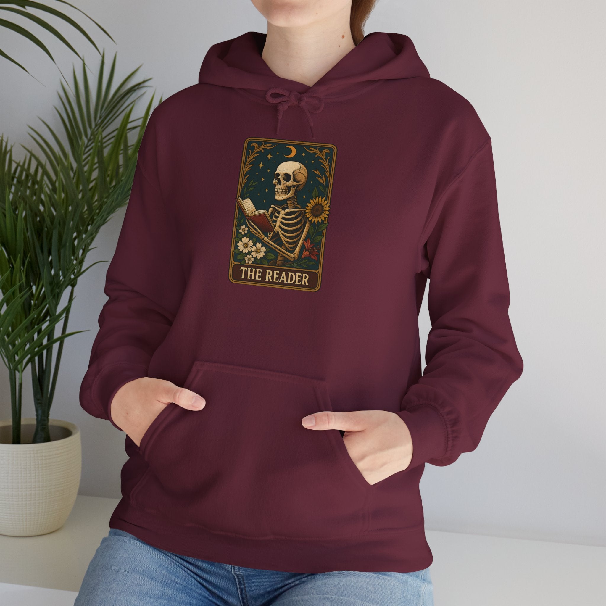 Skeleton Reader Tarot Hooded Sweatshirt - Cozy Gift for Book Lovers, Halloween Pullover, Unisex Sweatshirt, Literary Themed Hoodie