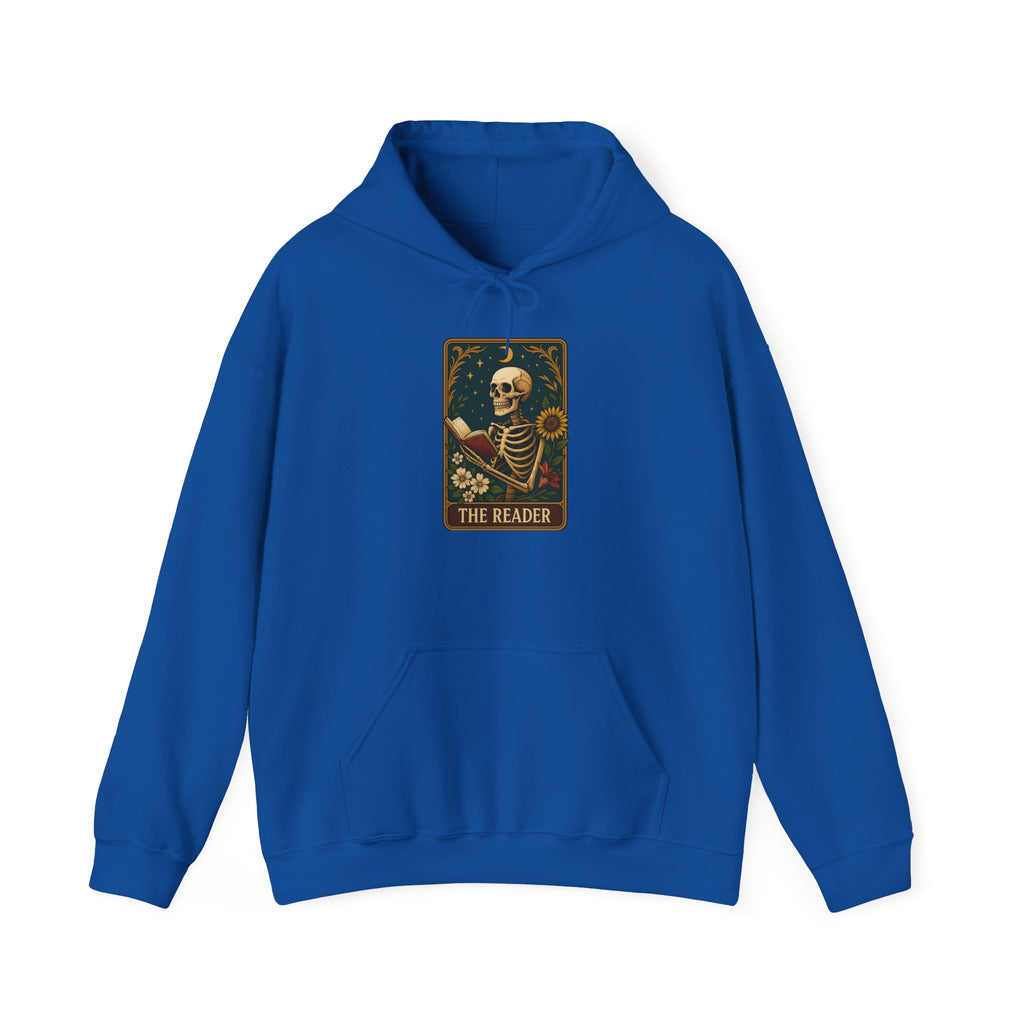Skeleton Reader Tarot Hooded Sweatshirt - Cozy Gift for Book Lovers, Halloween Pullover, Unisex Sweatshirt, Literary Themed Hoodie