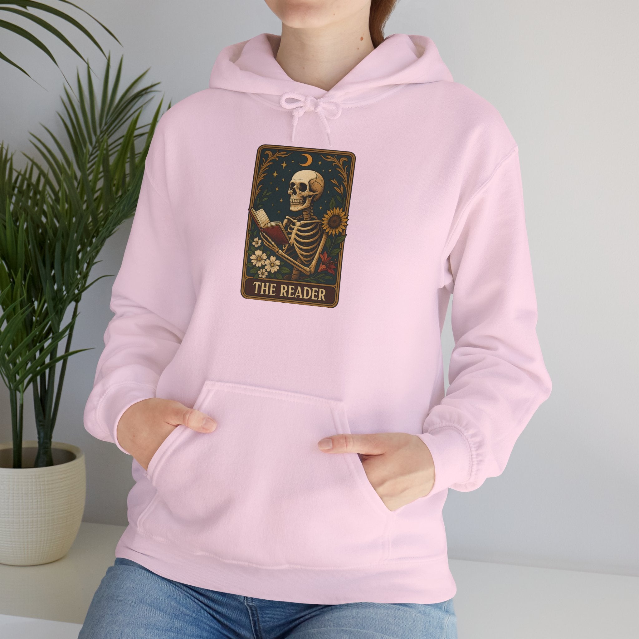 Skeleton Reader Tarot Hooded Sweatshirt - Cozy Gift for Book Lovers, Halloween Pullover, Unisex Sweatshirt, Literary Themed Hoodie
