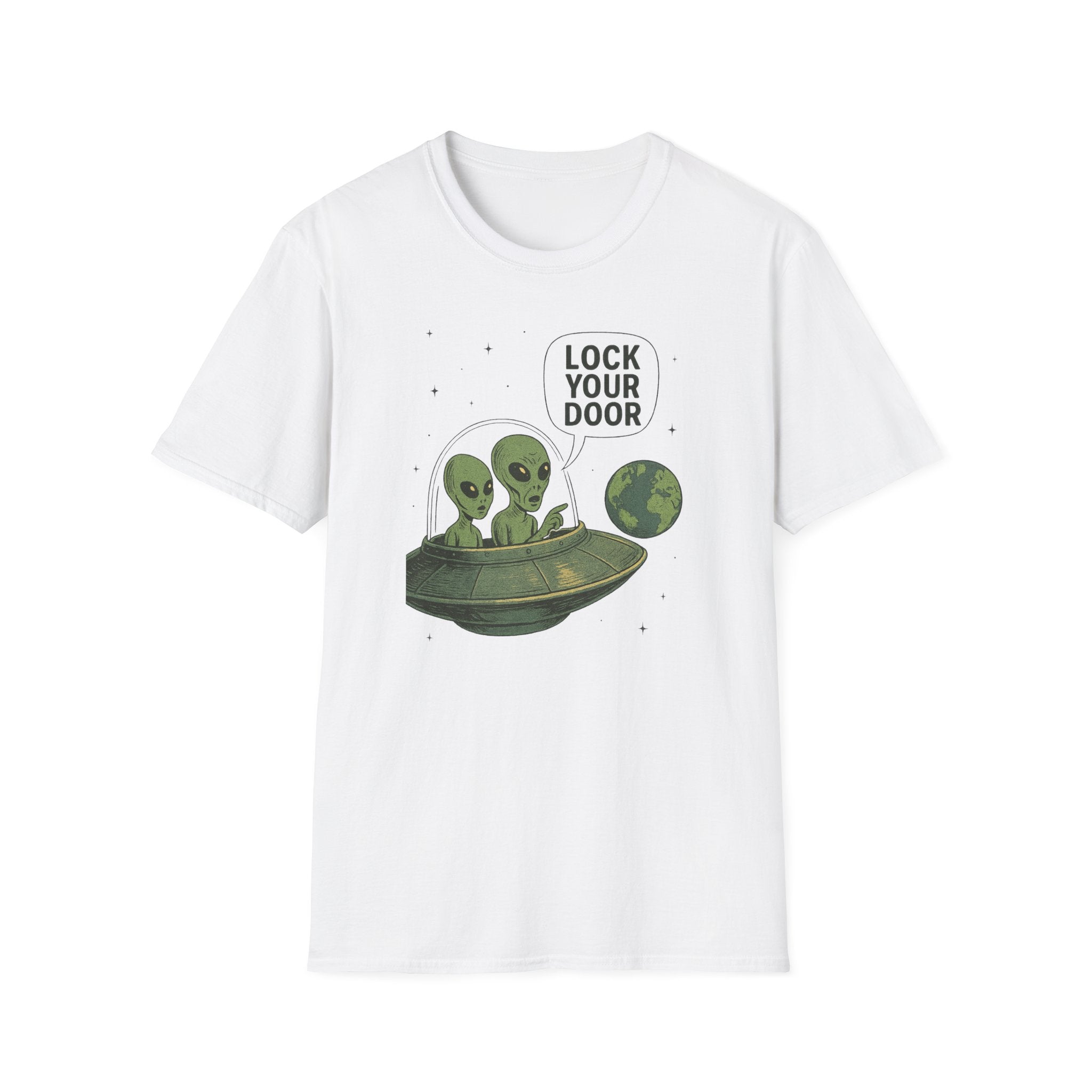 Funny Alien Lock Your Door Tee, UFO Fan Gift, Unisex Casual Wear, Science Fiction Tee, Quirky Graphic Shirt, Humor Apparel