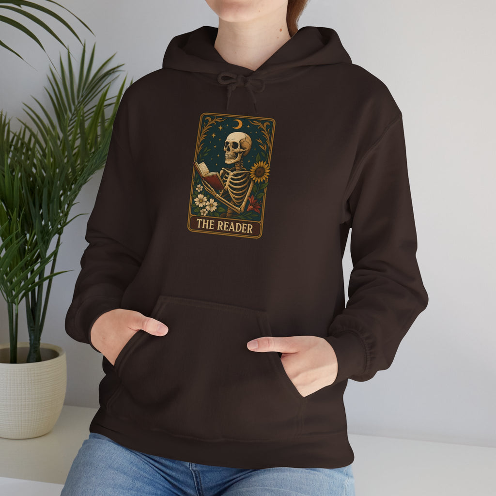 Skeleton Reader Tarot Hooded Sweatshirt - Cozy Gift for Book Lovers, Halloween Pullover, Unisex Sweatshirt, Literary Themed Hoodie