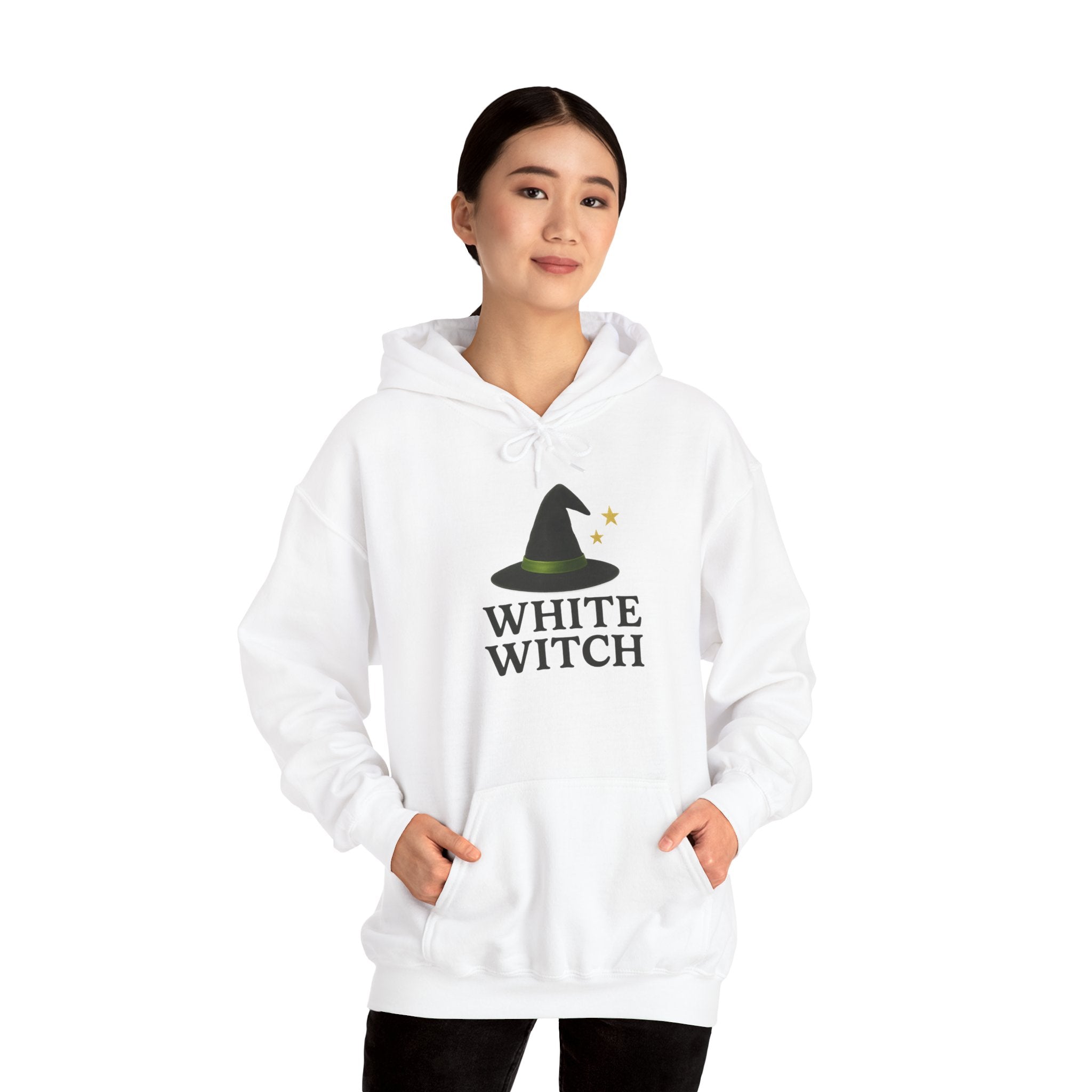 White Witch Hooded Sweatshirt, Cozy Halloween Apparel, Witchcraft Sweatshirt, Gift for Wiccans, Unisex Autumn Hoodie