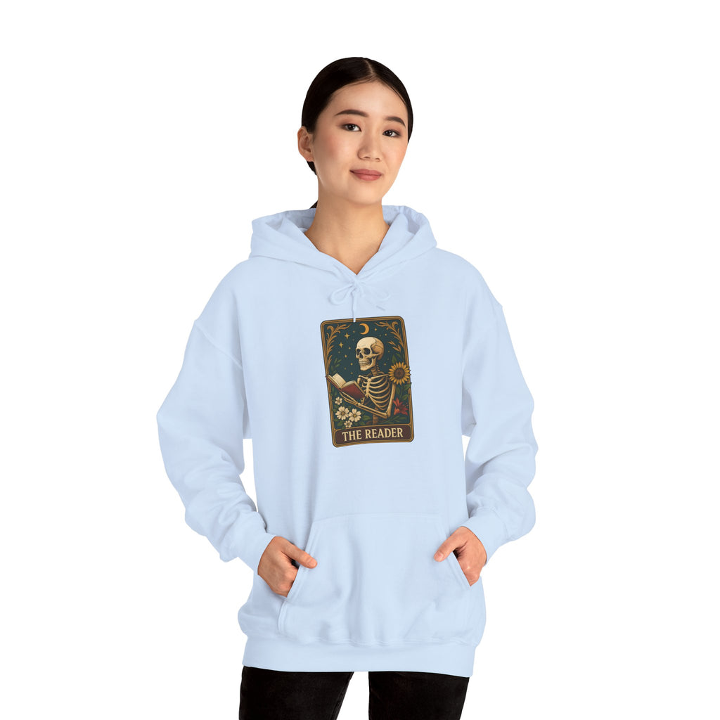 Skeleton Reader Tarot Hooded Sweatshirt - Cozy Gift for Book Lovers, Halloween Pullover, Unisex Sweatshirt, Literary Themed Hoodie