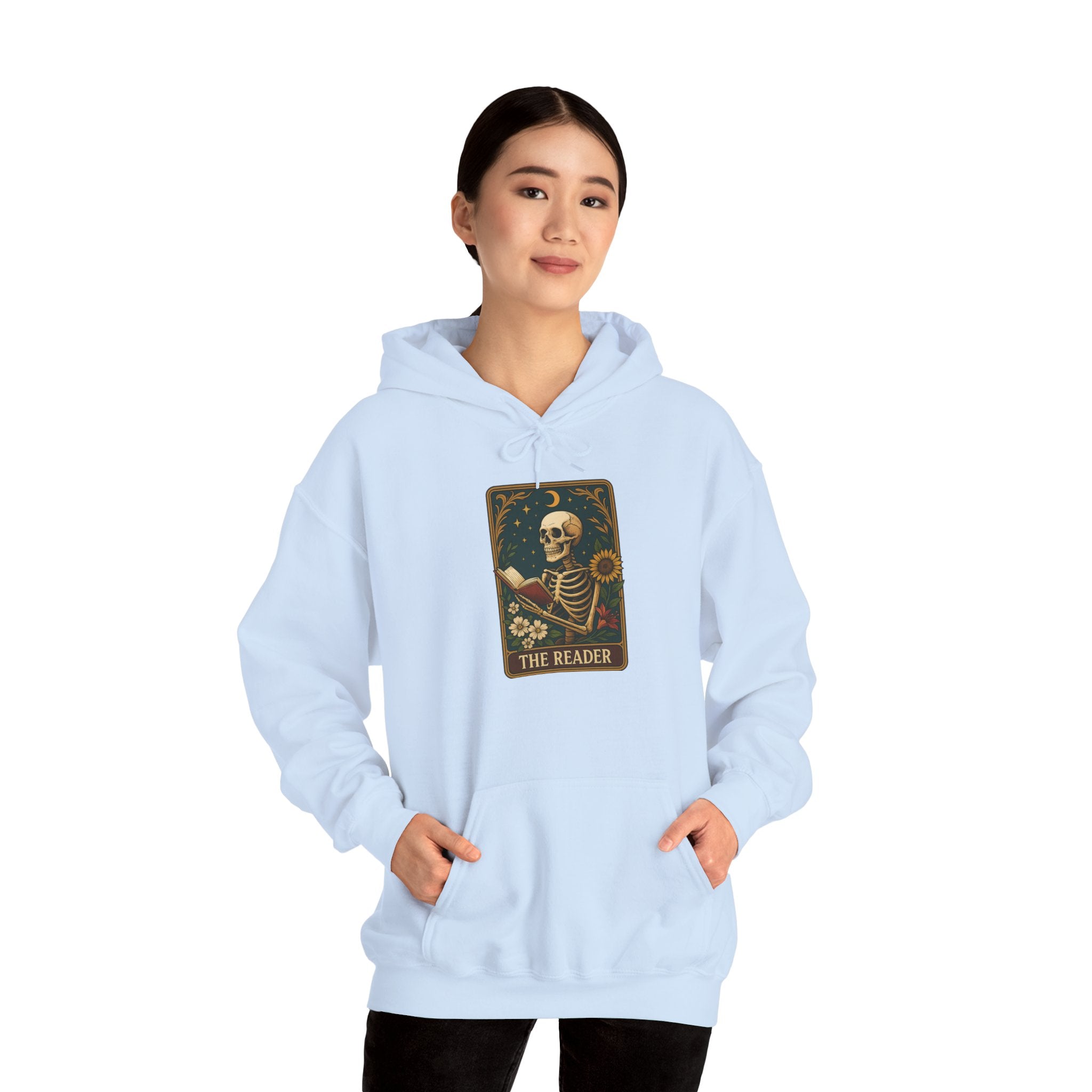 Skeleton Reader Tarot Hooded Sweatshirt - Cozy Gift for Book Lovers, Halloween Pullover, Unisex Sweatshirt, Literary Themed Hoodie