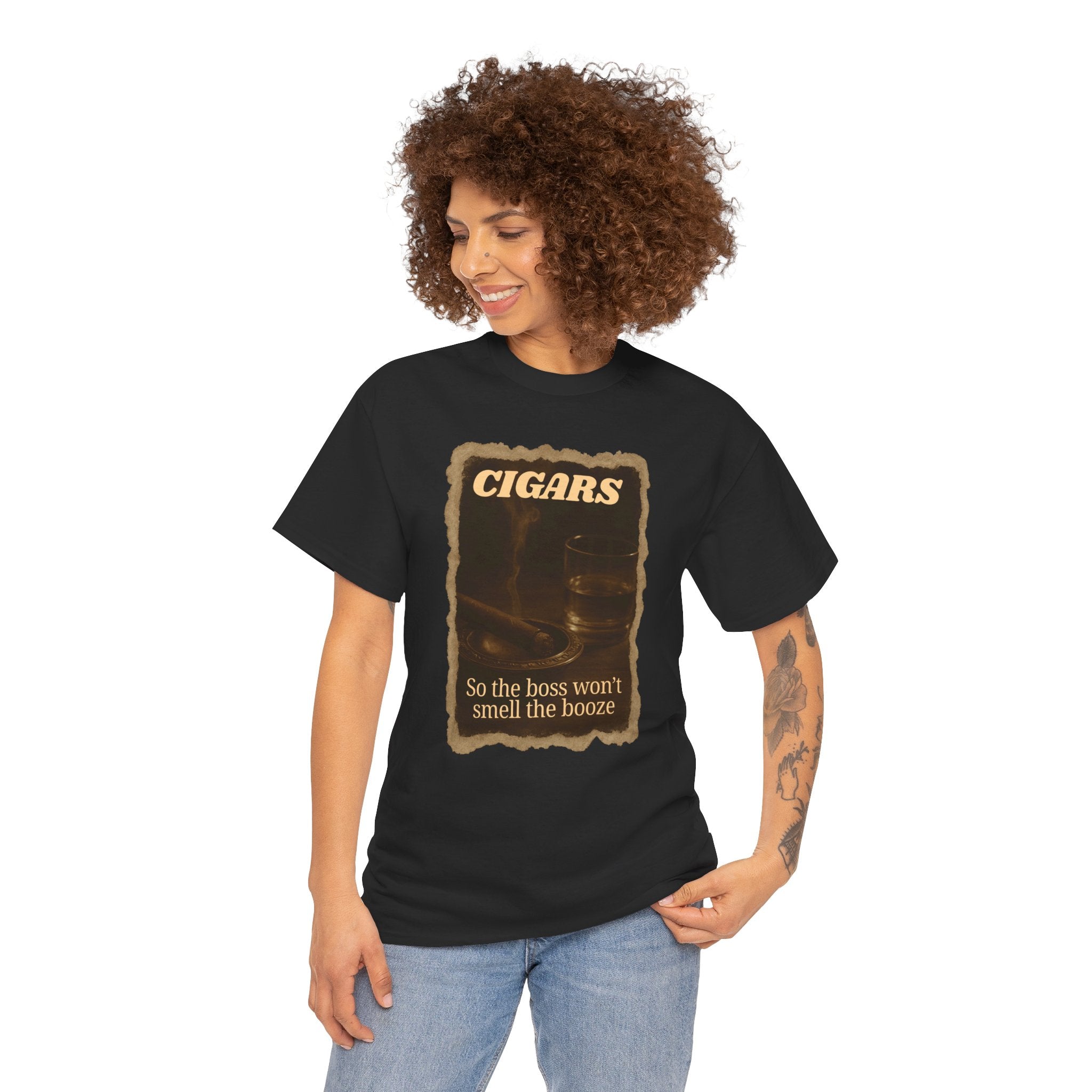Vintage Cigar so Boss won't Smell the Booze Unisex Heavy Cotton T-shirt, Funny T-Shirt, Casual Wear, Perfect for Parties and Celebrations