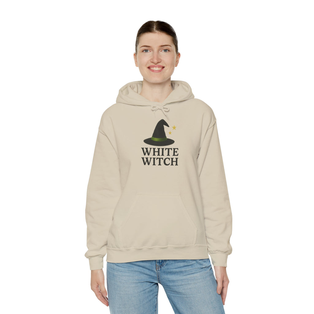 White Witch Hooded Sweatshirt, Cozy Halloween Apparel, Witchcraft Sweatshirt, Gift for Wiccans, Unisex Autumn Hoodie