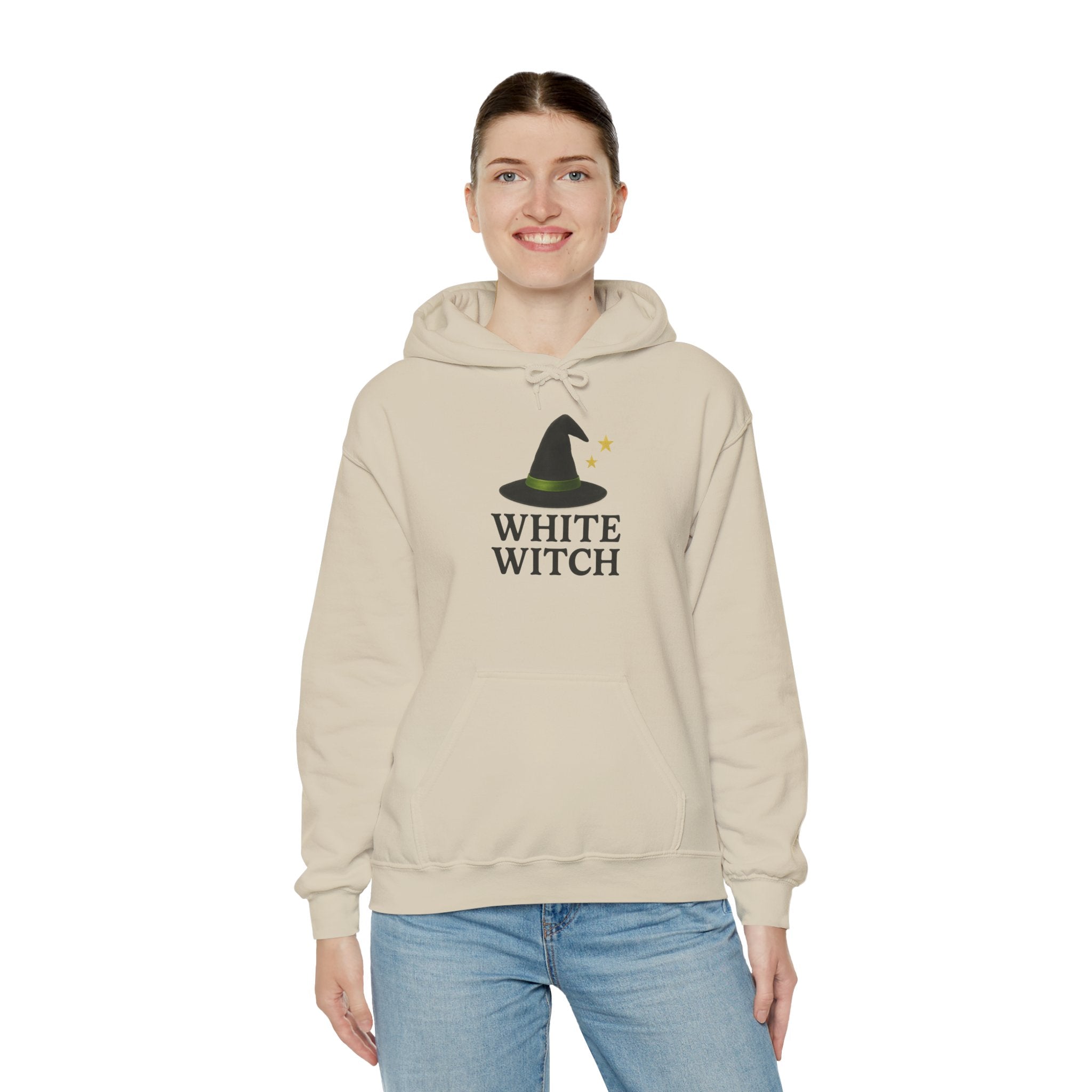 White Witch Hooded Sweatshirt, Cozy Halloween Apparel, Witchcraft Sweatshirt, Gift for Wiccans, Unisex Autumn Hoodie