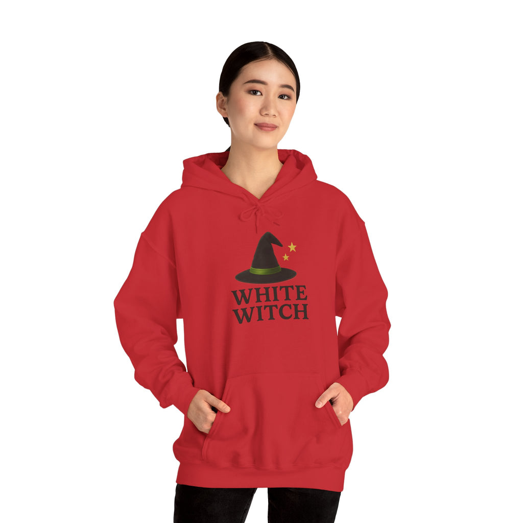 White Witch Hooded Sweatshirt, Cozy Halloween Apparel, Witchcraft Sweatshirt, Gift for Wiccans, Unisex Autumn Hoodie