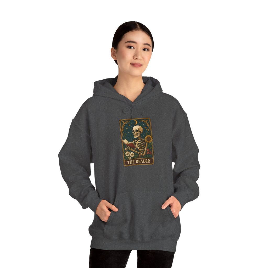 Skeleton Reader Tarot Hooded Sweatshirt - Cozy Gift for Book Lovers, Halloween Pullover, Unisex Sweatshirt, Literary Themed Hoodie