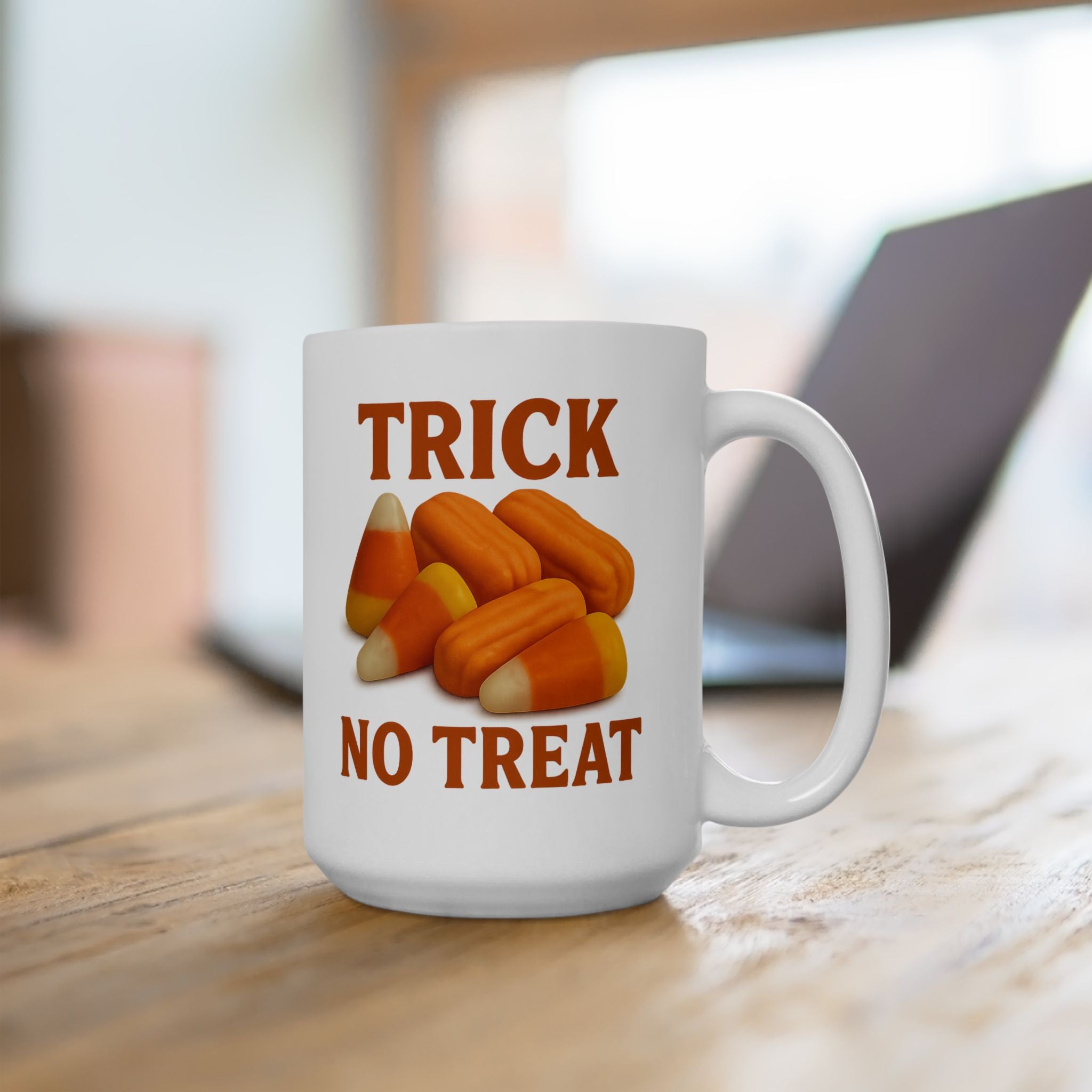 Trick No Treat, Candy Corn, Circus Peanut Candy Coffee Mug - Halloween Coffee Cup, Perfect Gift for Halloween Lovers, Fun Gift for Friends