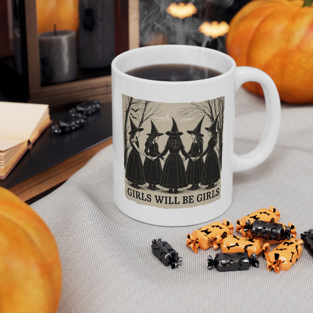 Mystical Girls Witch Ceramic Mug | Gothic Coffee Cup, Witchy Tea Mug, Unique Gift for Her, Halloween Decor, Spooky Kitchenware