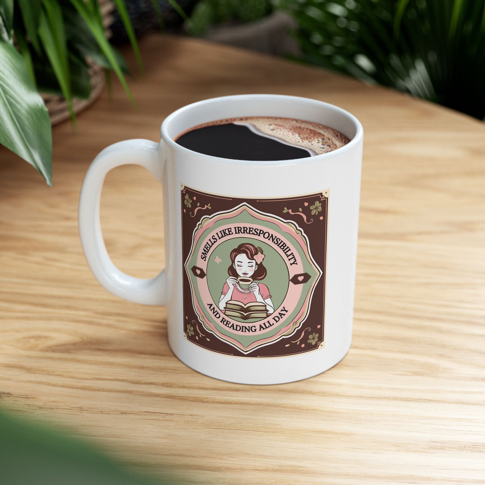 Vintage-Inspired "Smells Like Irresponsibility and Reading" Ceramic Mug, Cozy Coffee Cup, Gift for Tea Lovers, Boho Home Decor, Brown | Pink Floral Design