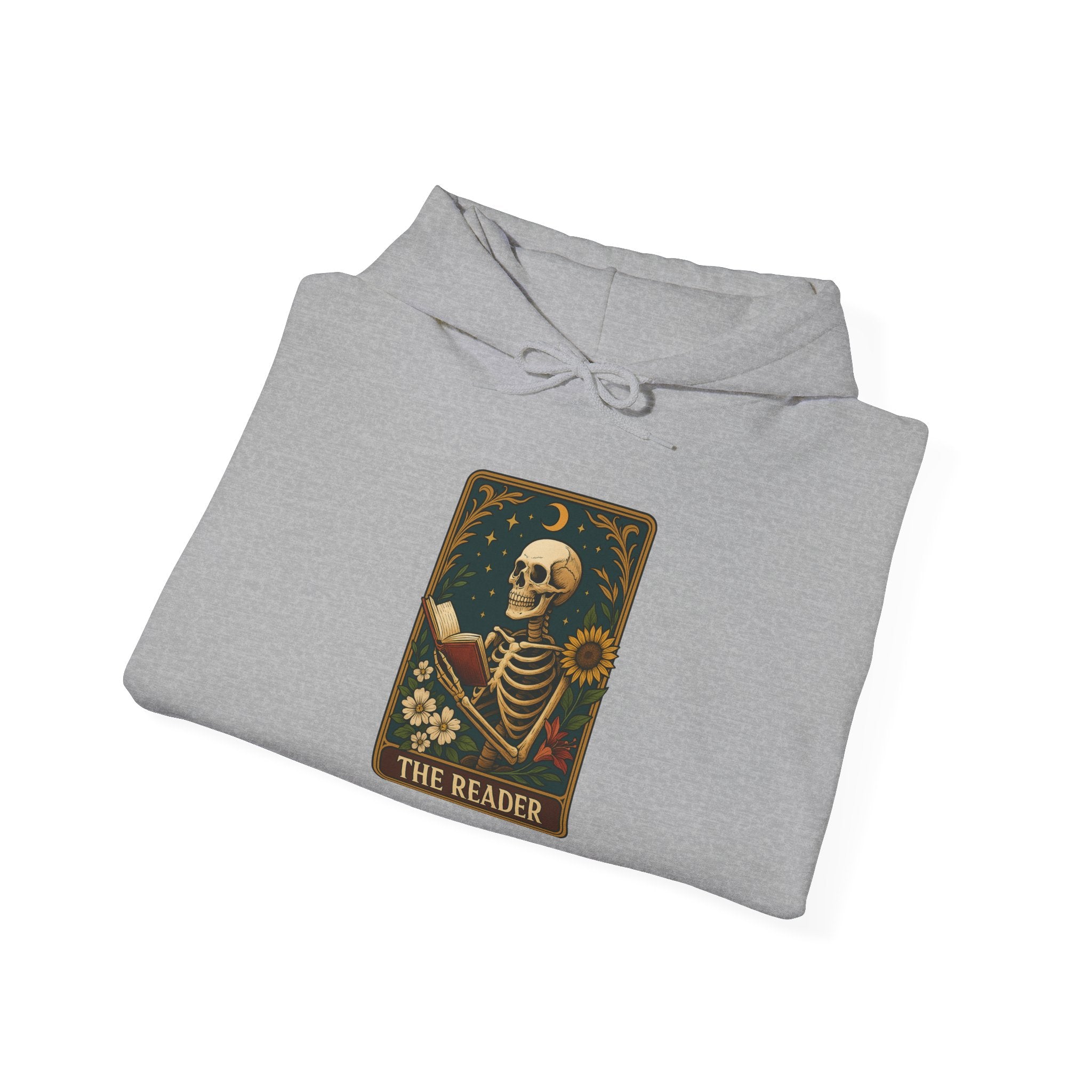 Skeleton Reader Tarot Hooded Sweatshirt - Cozy Gift for Book Lovers, Halloween Pullover, Unisex Sweatshirt, Literary Themed Hoodie