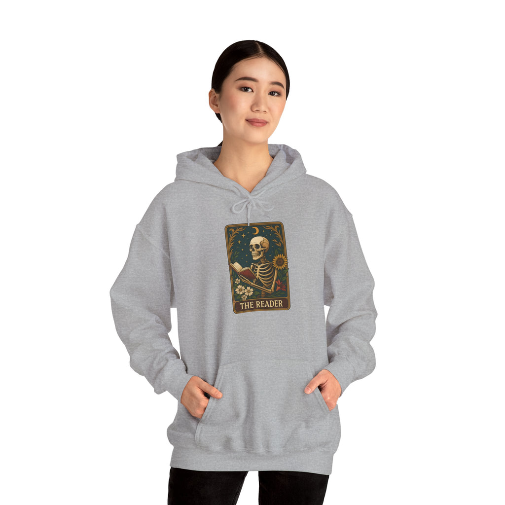 Skeleton Reader Tarot Hooded Sweatshirt - Cozy Gift for Book Lovers, Halloween Pullover, Unisex Sweatshirt, Literary Themed Hoodie