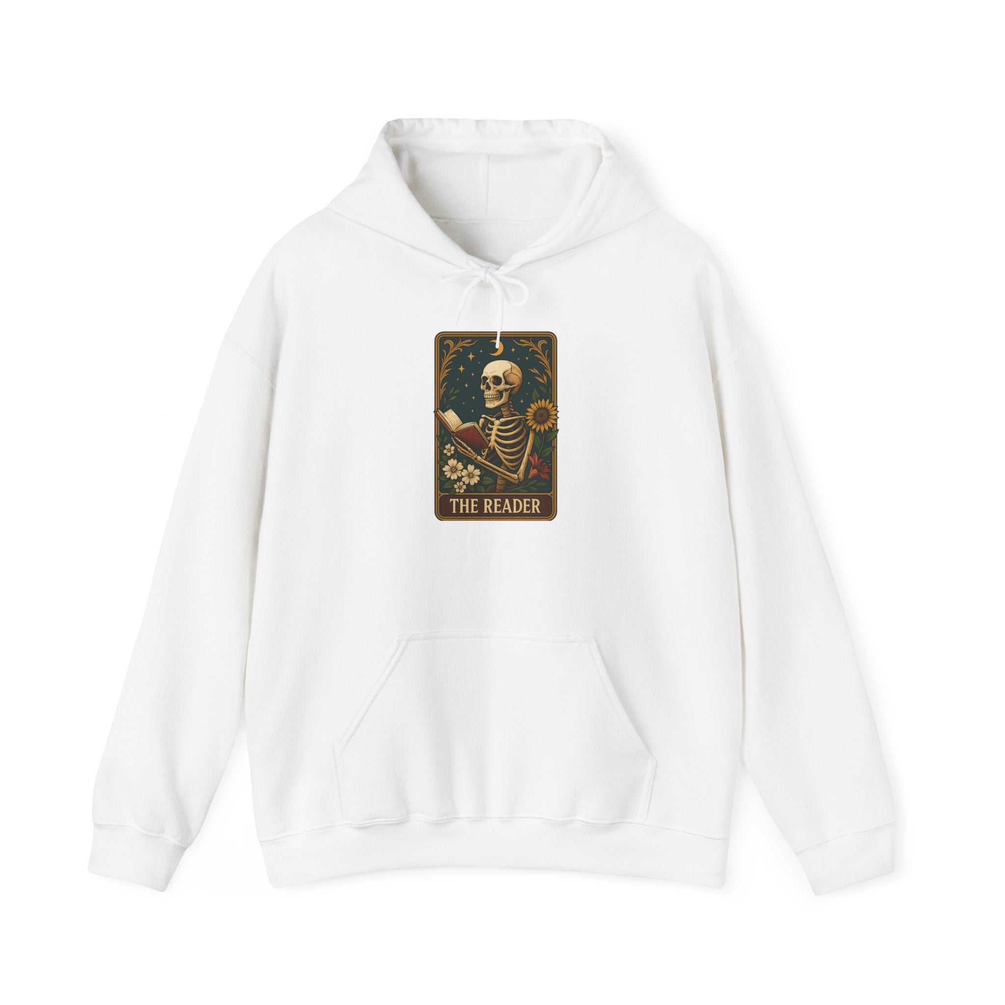 Skeleton Reader Tarot Hooded Sweatshirt - Cozy Gift for Book Lovers, Halloween Pullover, Unisex Sweatshirt, Literary Themed Hoodie