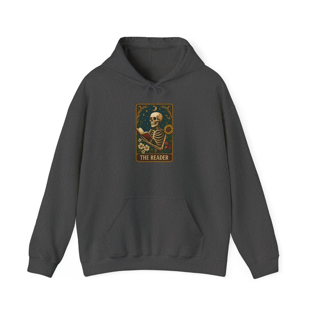 Skeleton Reader Tarot Hooded Sweatshirt - Cozy Gift for Book Lovers, Halloween Pullover, Unisex Sweatshirt, Literary Themed Hoodie